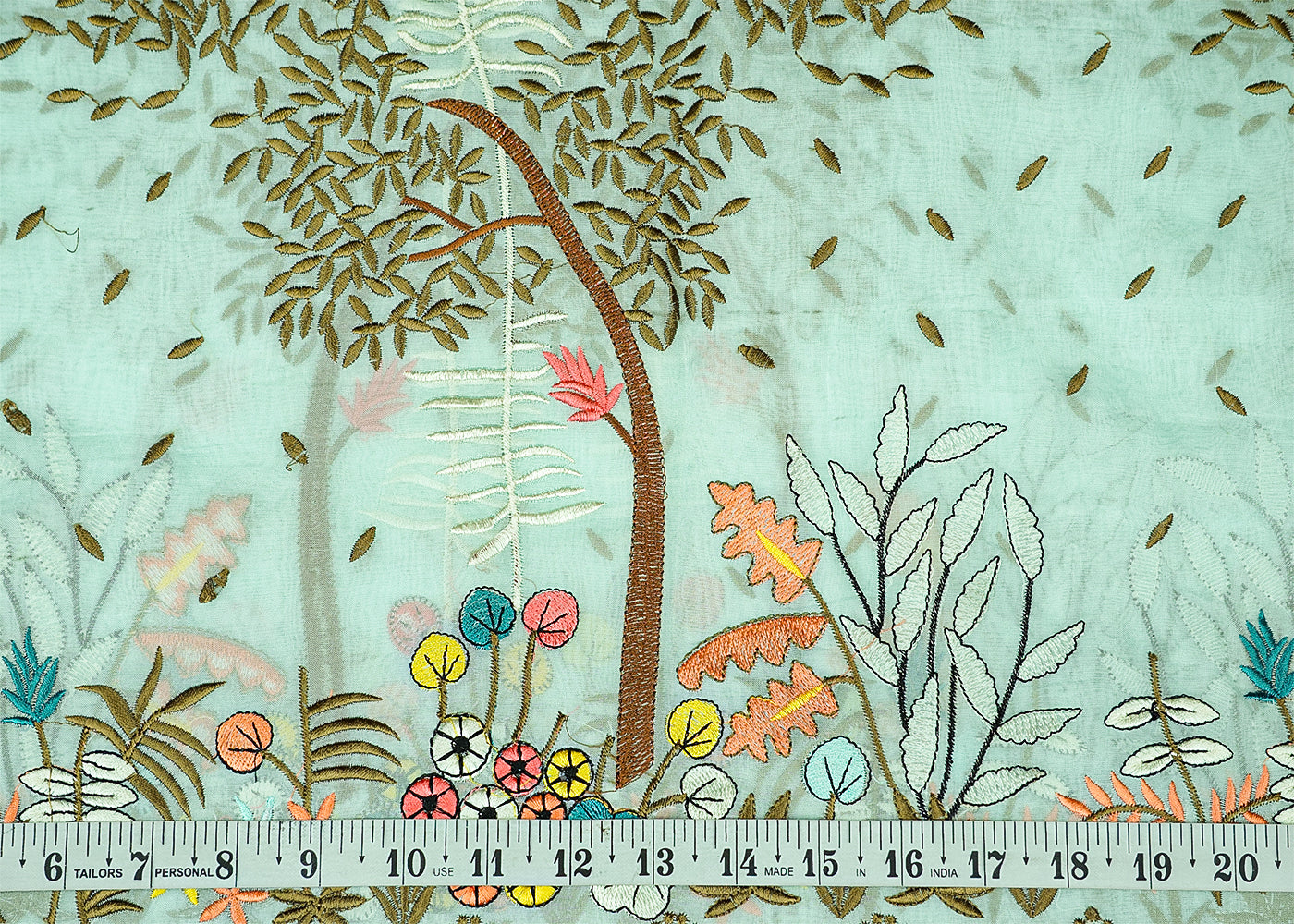 Sea Green Organza Fabric With All Over Threadwork And One Side Heavy Scalloped Border 15538