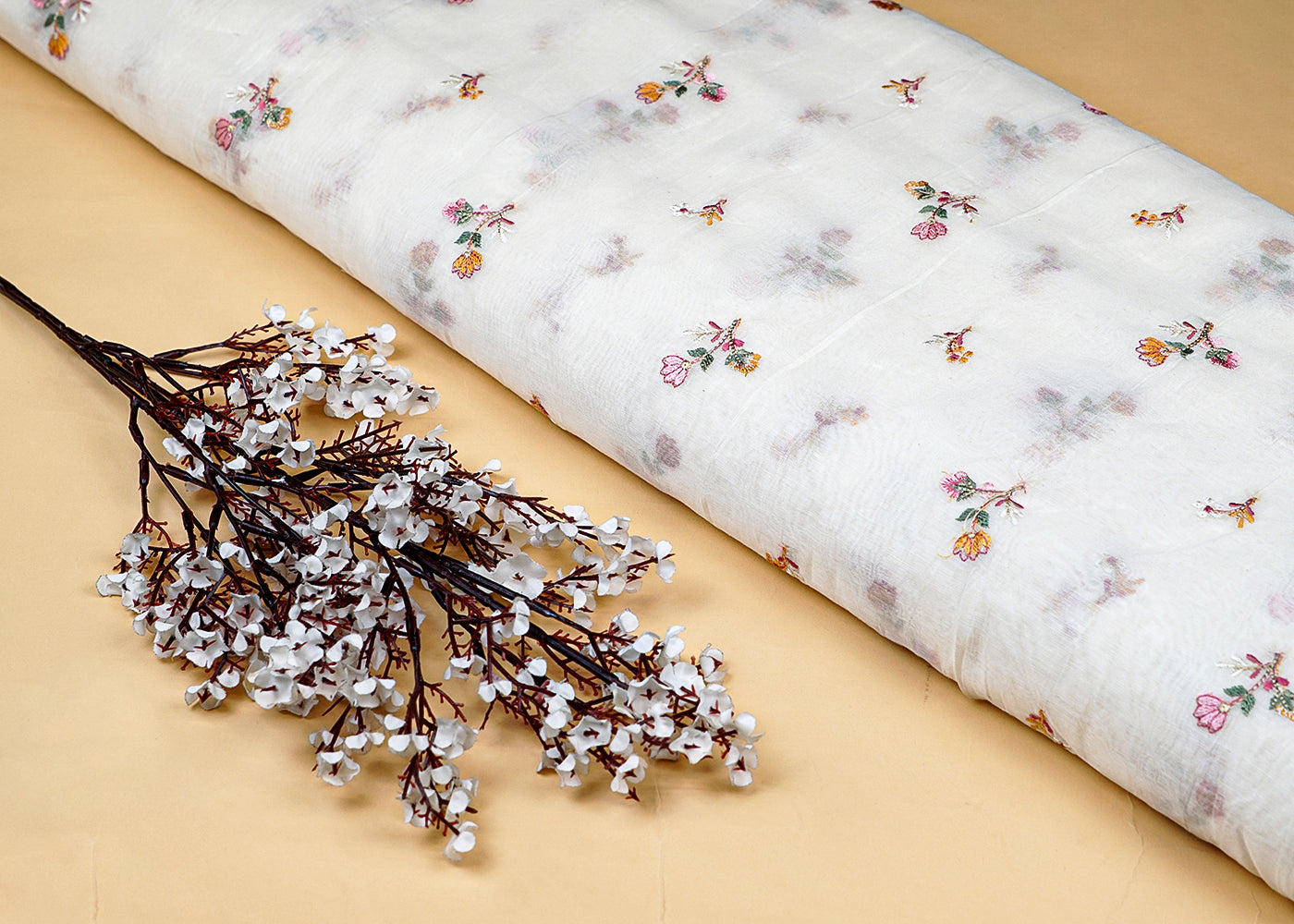 White Chanderi Fabric With All Over Threadwork 15540