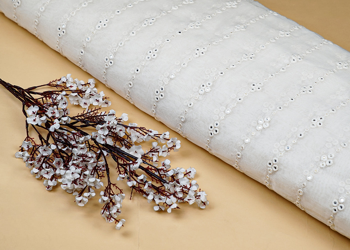 White Chanderi Fabric With All Over Faux Mirror And Threadwork 15541