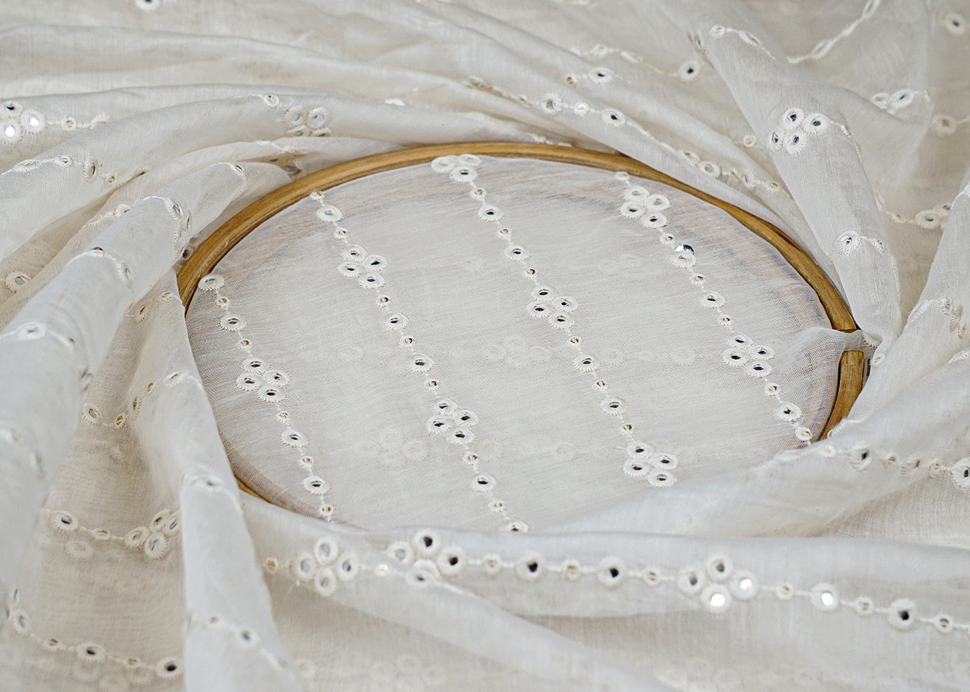 White Chanderi Fabric With All Over Faux Mirror And Threadwork 15541