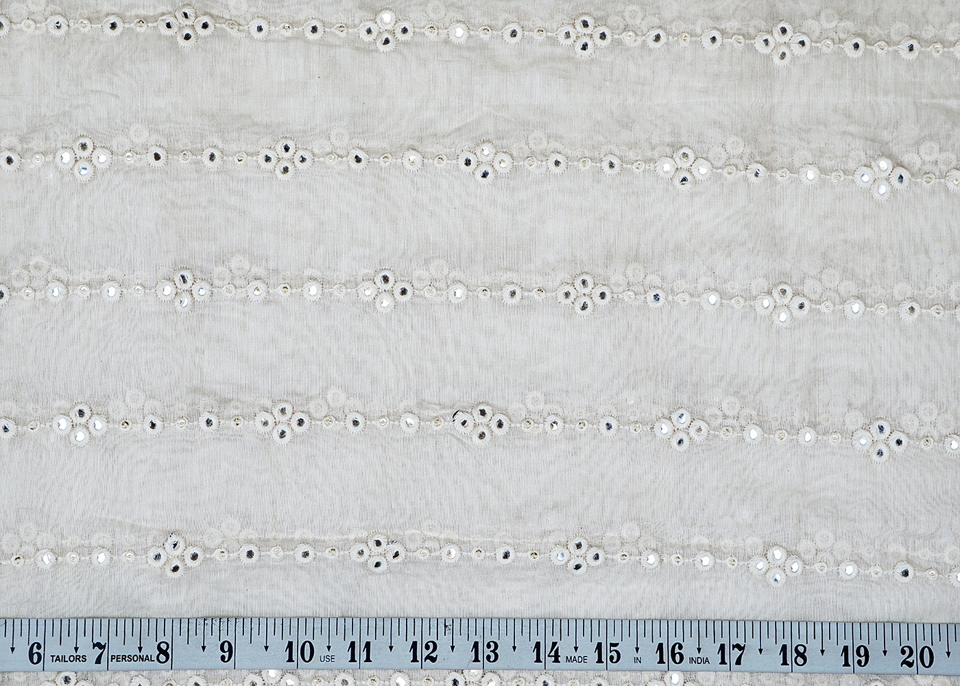 White Chanderi Fabric With All Over Faux Mirror And Threadwork 15541