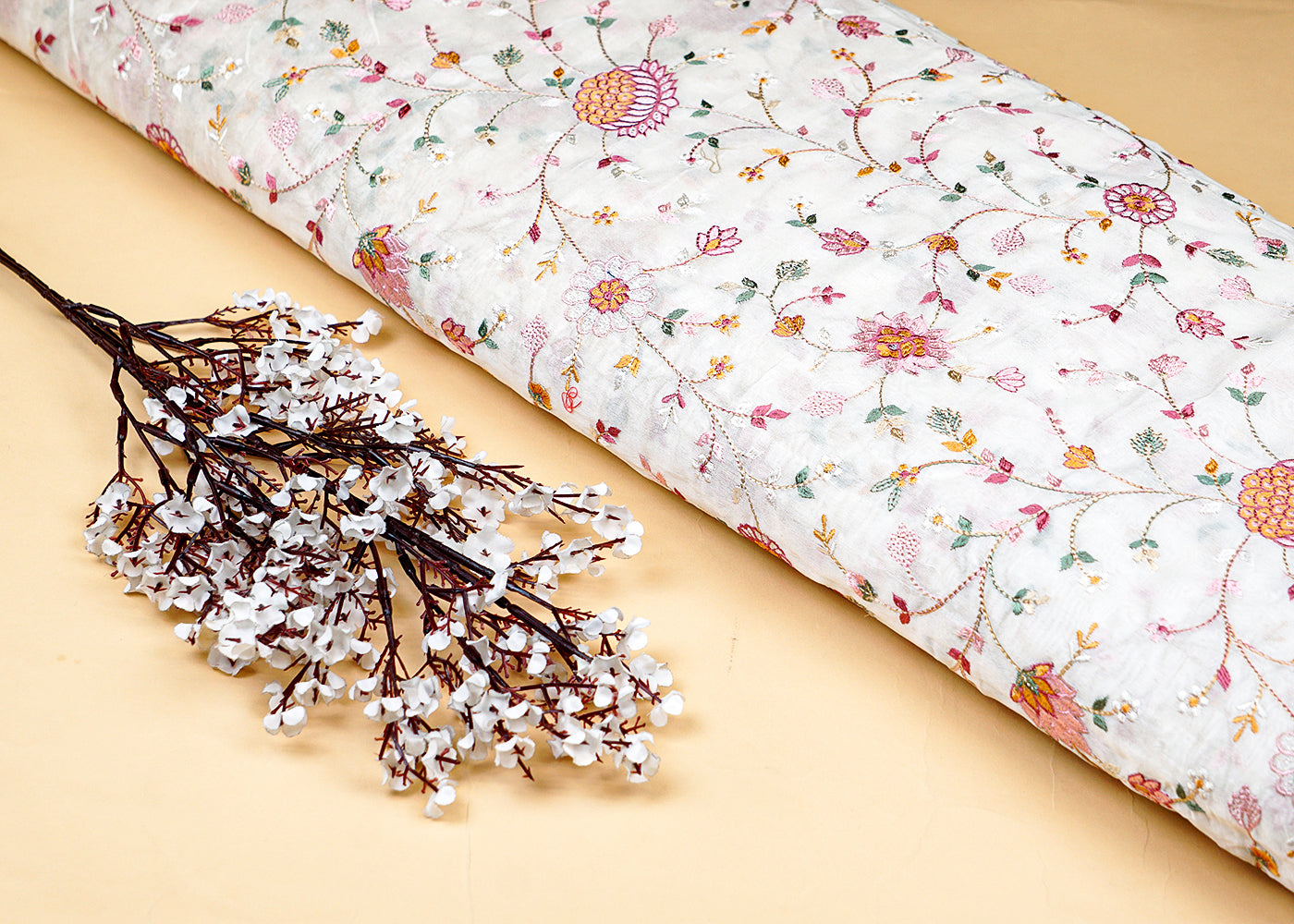 White Chanderi Fabric With All Over Threadwork 15542