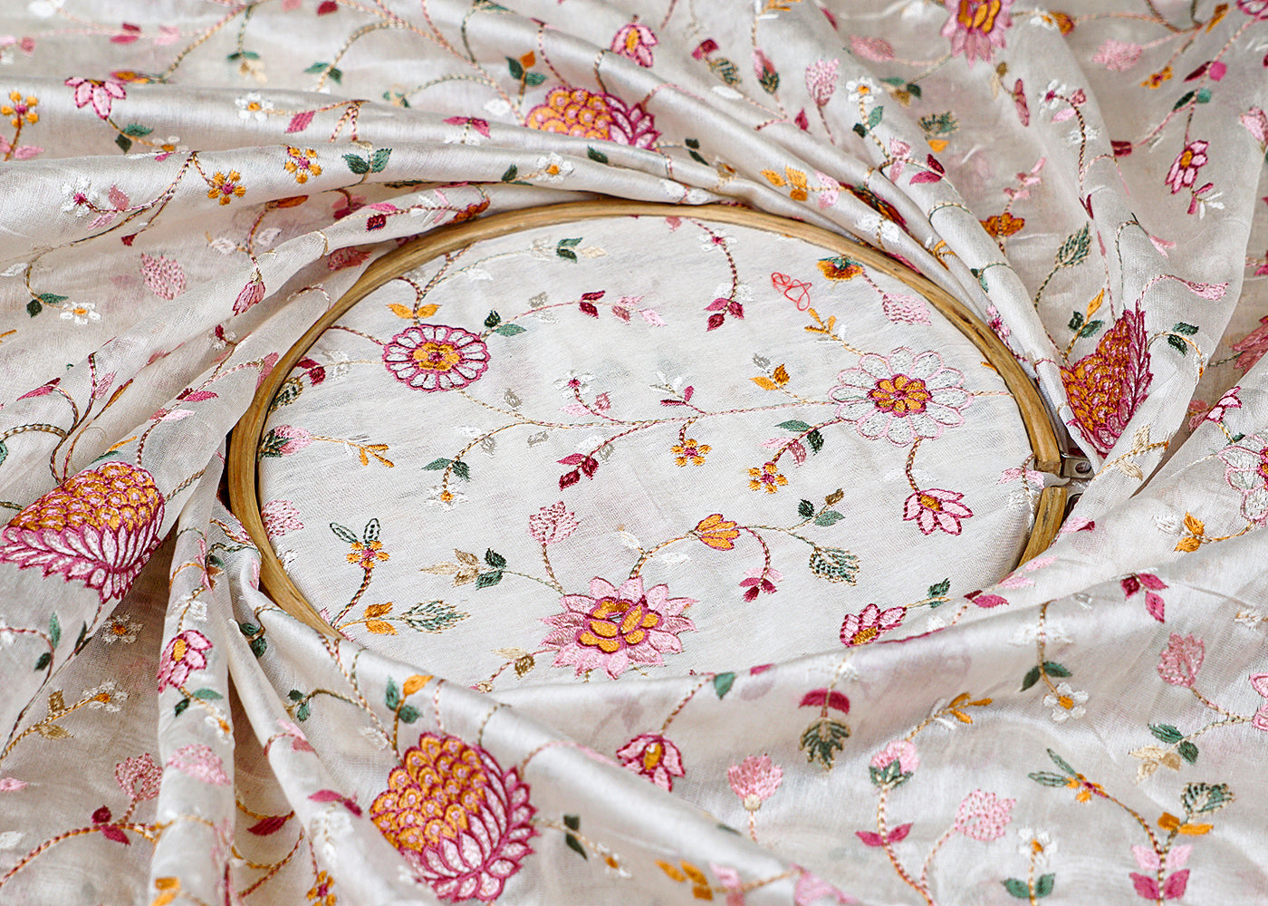 White Chanderi Fabric With All Over Threadwork 15542