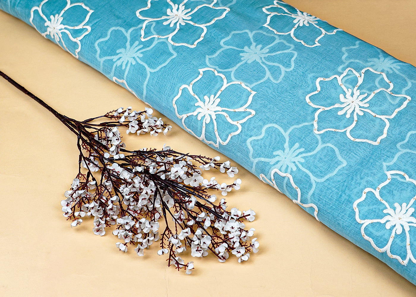 Light Blue Chanderi All Over Thread and Sequins Work 15548