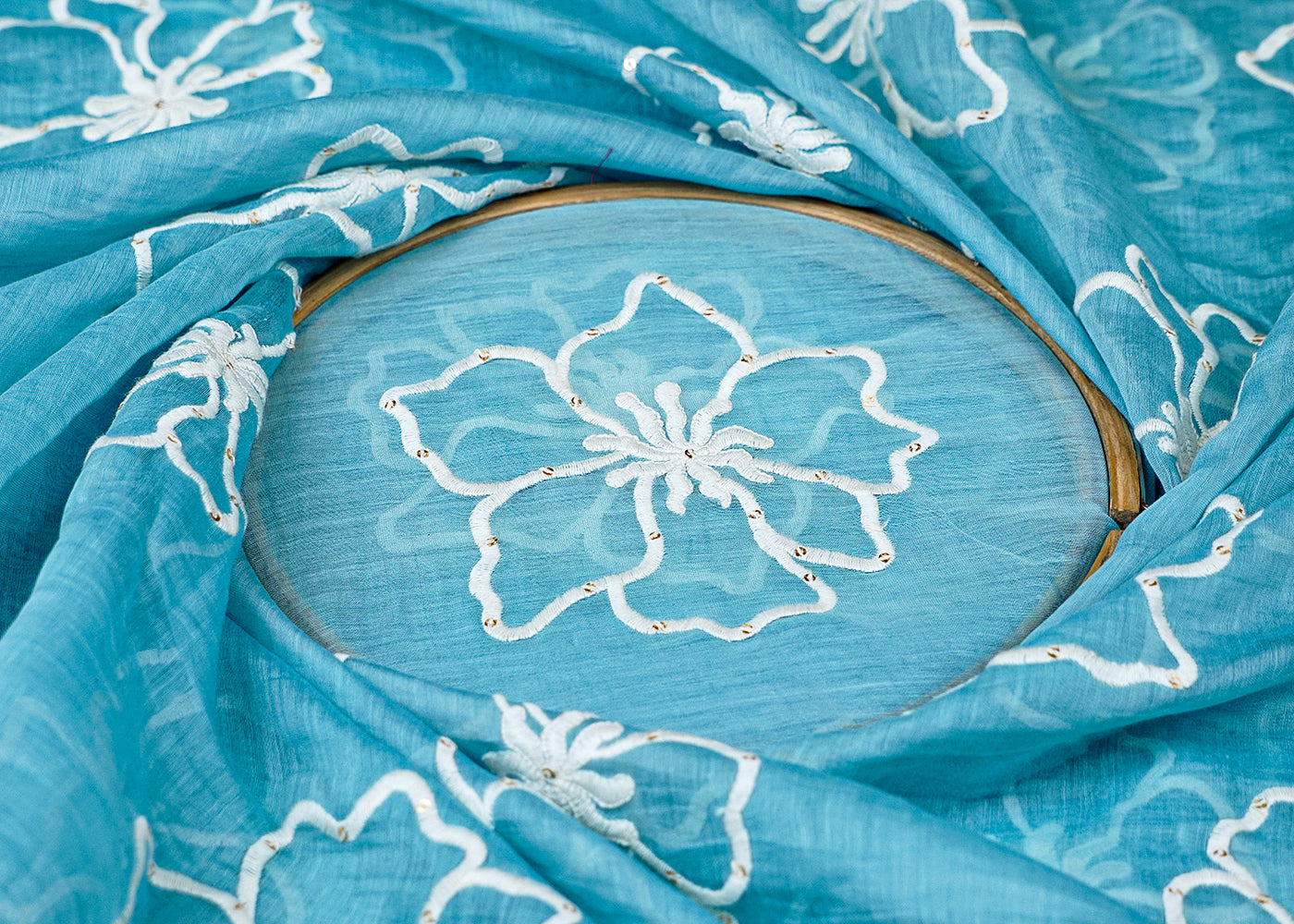 Light Blue Chanderi All Over Thread and Sequins Work 15548