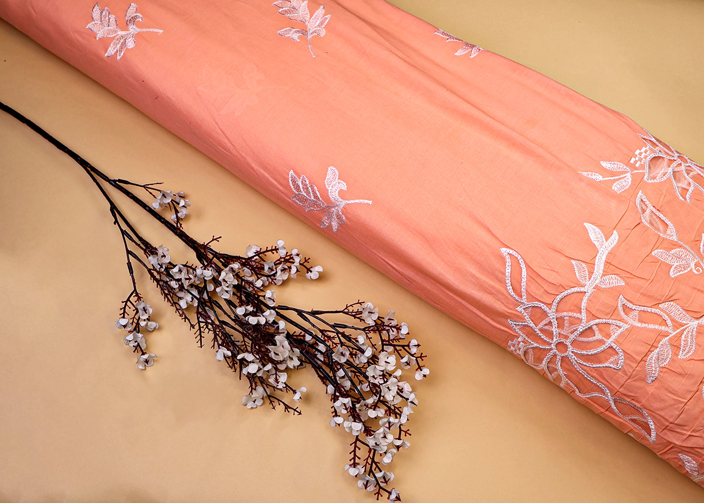 Peach Cotton Fabric With All Over Threadwork And One Side Heavy Cutwork Scalloped Border 15553