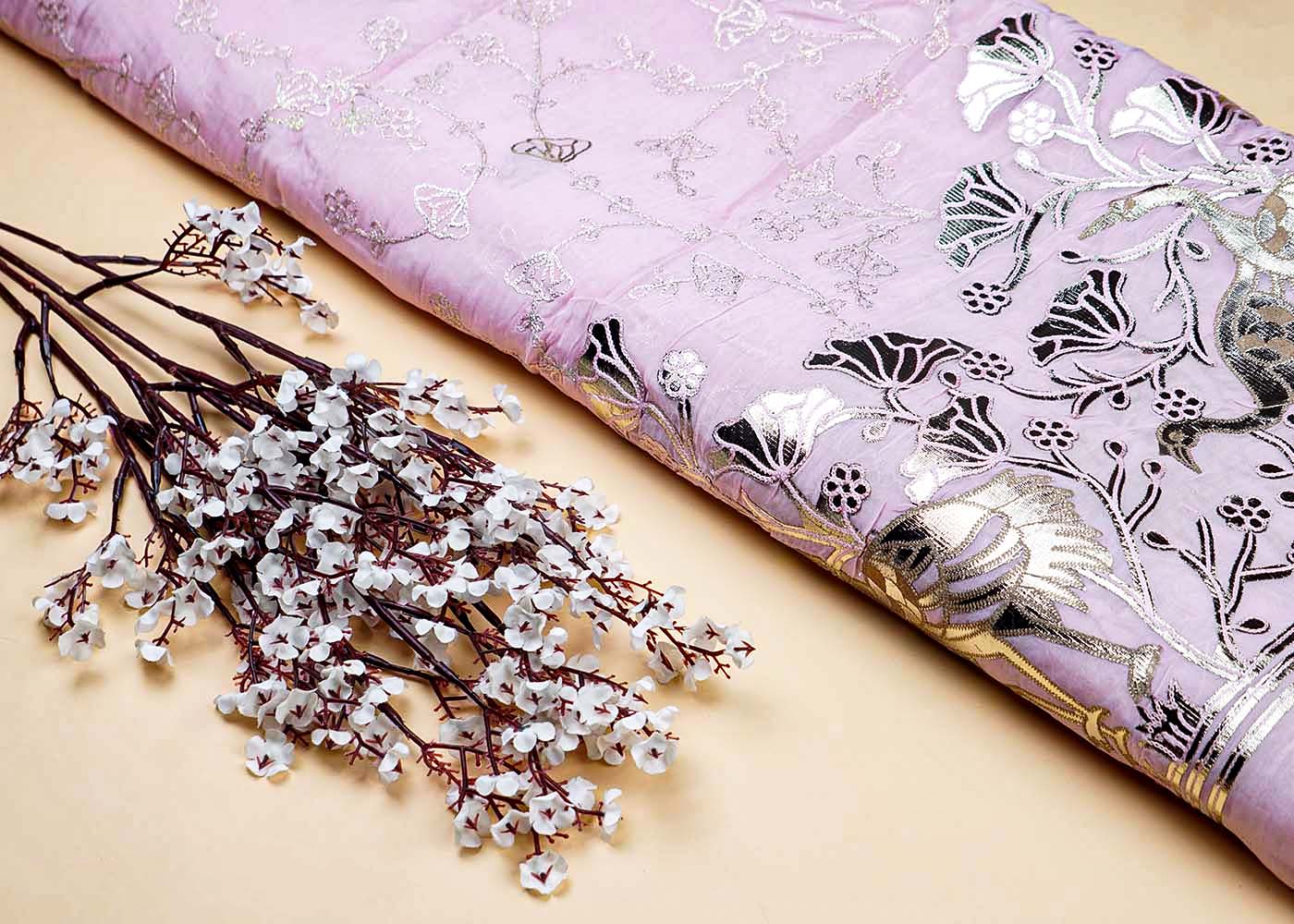Baby Pink Organza Fabric With All Over Zari And Gota Pati Work With One Side Heavy Border 15594