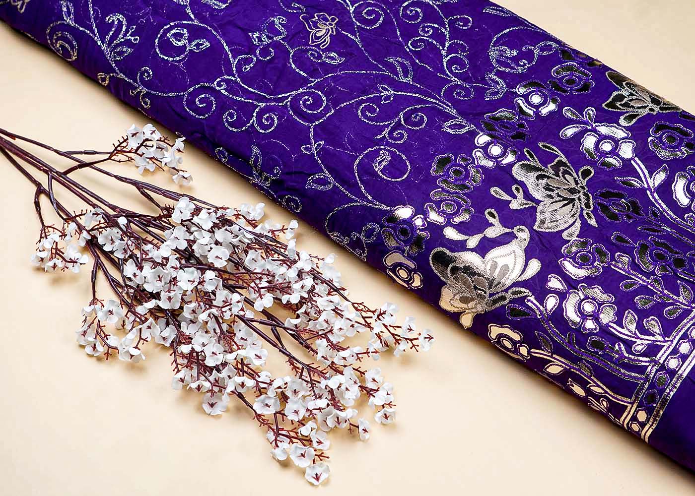 Purple Organza Fabric With All Over Zari And Gota Pati Work With One Side Heavy Border 15597