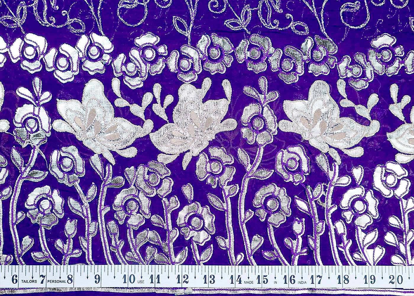Purple Organza Fabric With All Over Zari And Gota Pati Work With One Side Heavy Border 15597