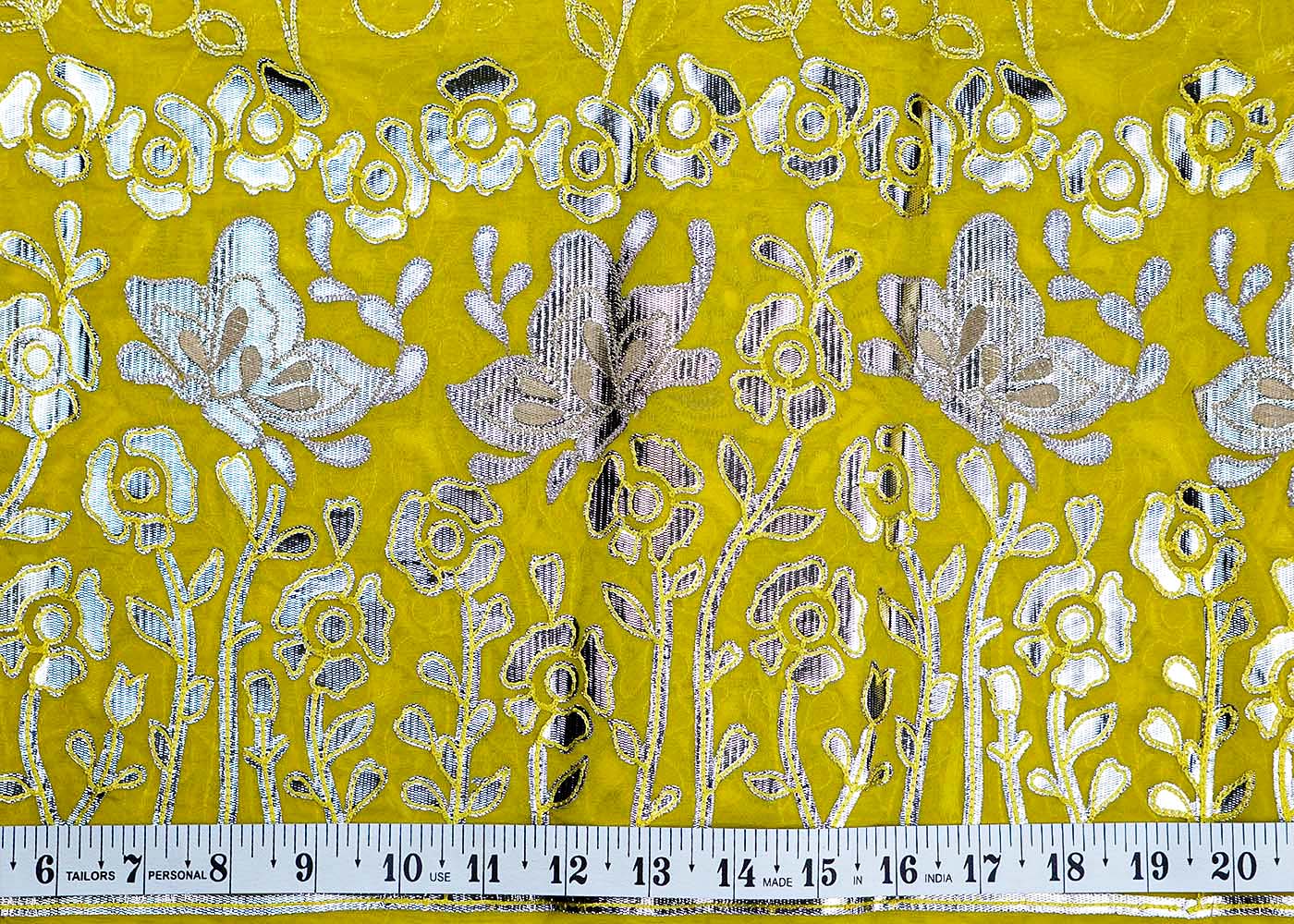 Lime Yellow Organza Fabric With All Over Zari And Gota Pati Work With One Side Heavy Border 15598