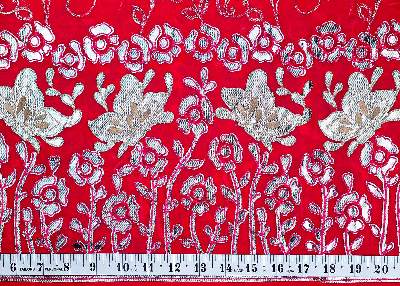 Magenta Organza Fabric With All Over Zari And Gota Pati Work With One Side Heavy Border 15599