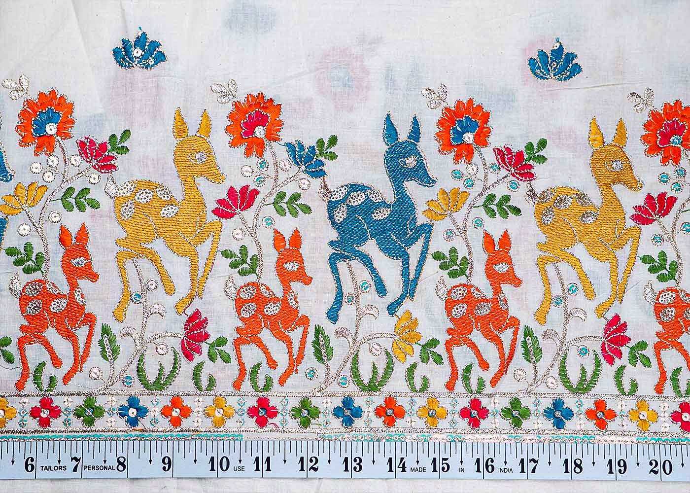 White Cotton Fabric With All Over Thread And Sequins Work With One Side Heavy Border 15601