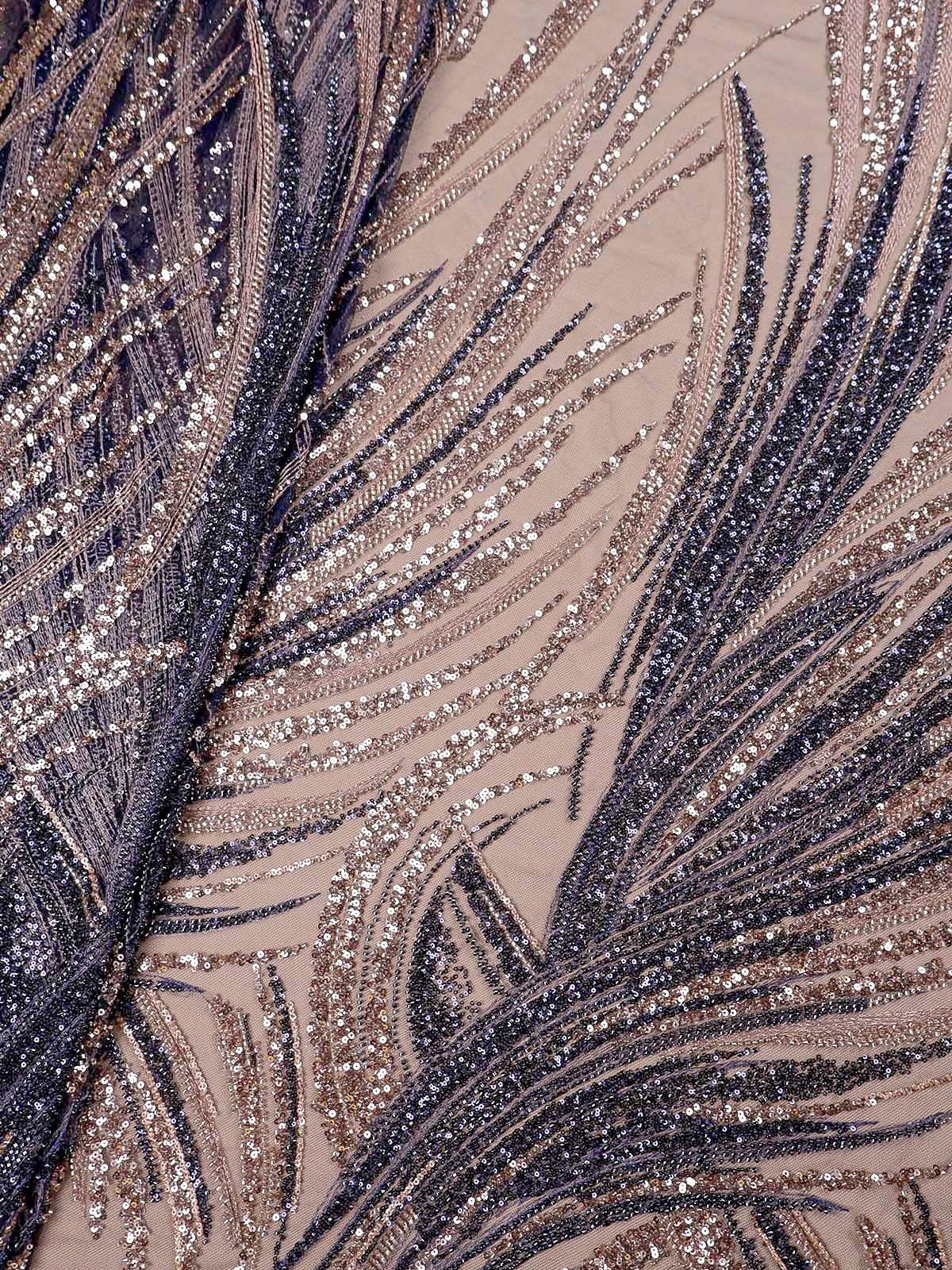 Navy Blue Imported Net with All-Over Bead and Sequins Work 15615