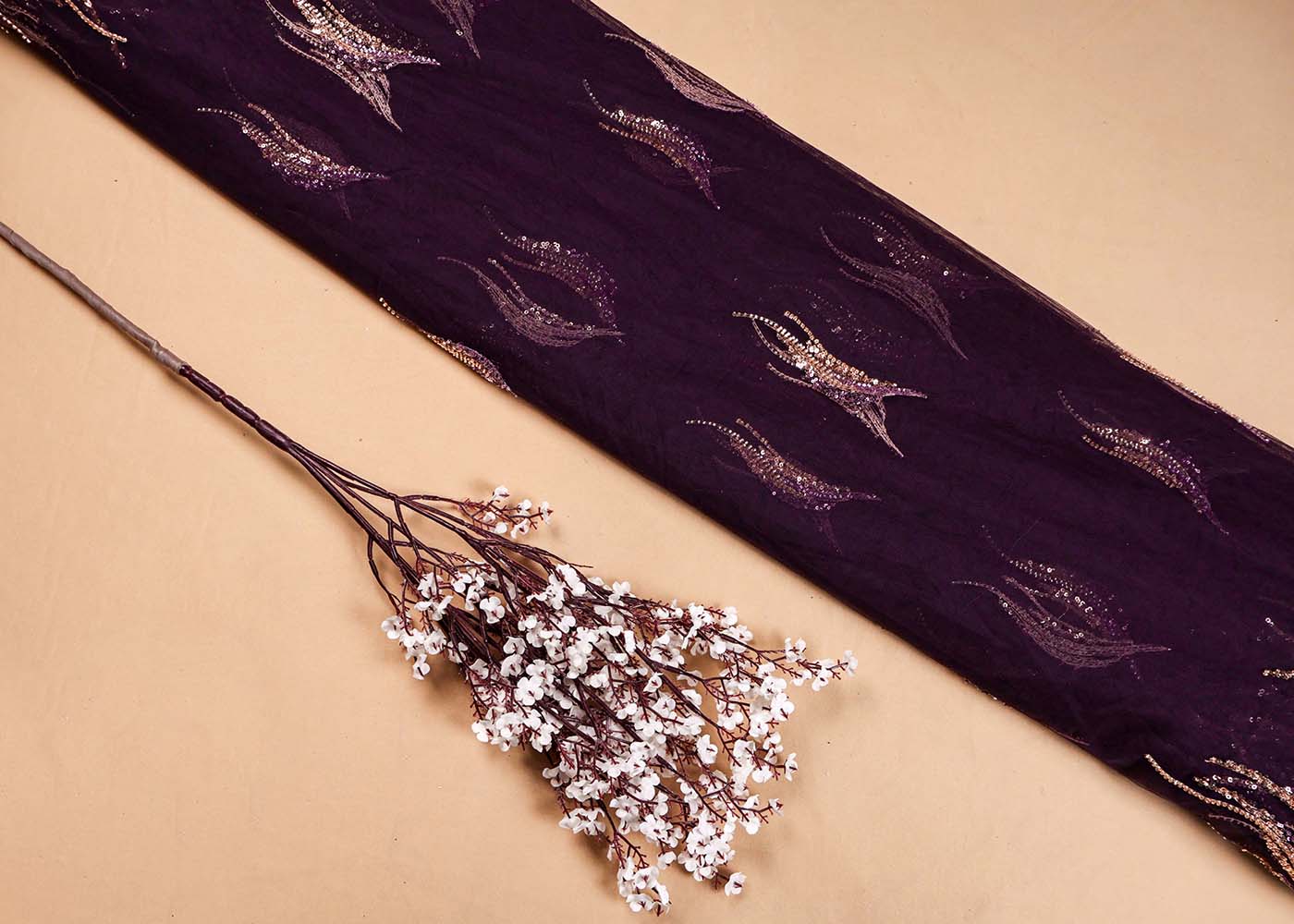 Deep Purple Imported Net Dupatta Fabric with All-Over Bead & Sequins Work and Two-Side Heavy Border 15621
