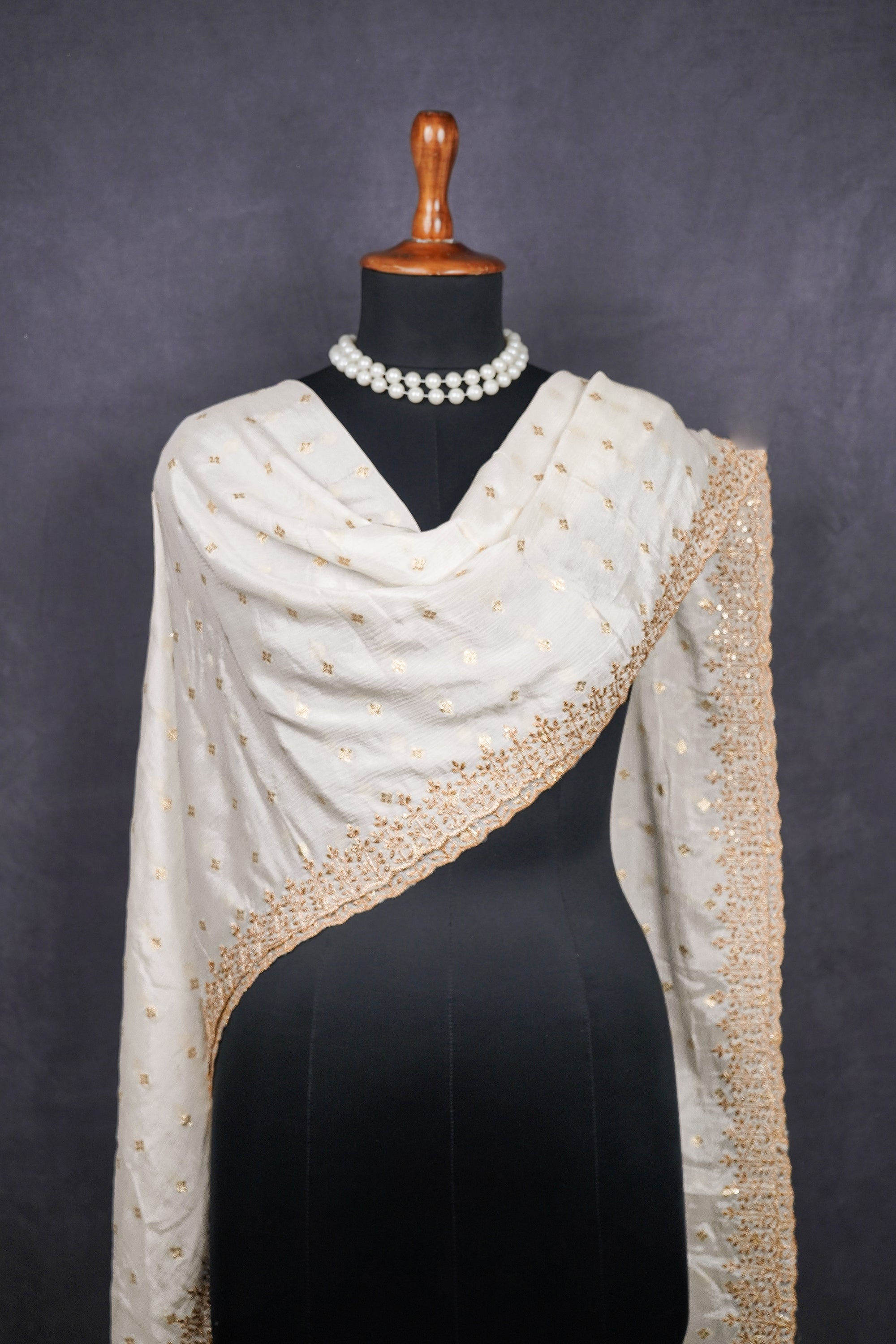 White Dyeable Crepe Dupatta With All Over Zari And Sequins Work 15627