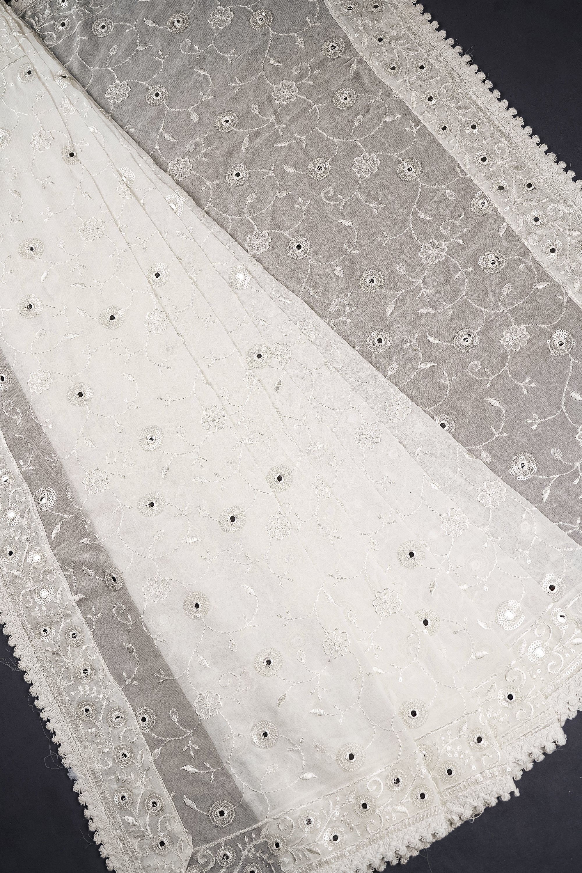 White Dyeable Georgette Dupatta With All Over Thread And Faux Mirror Work 15630
