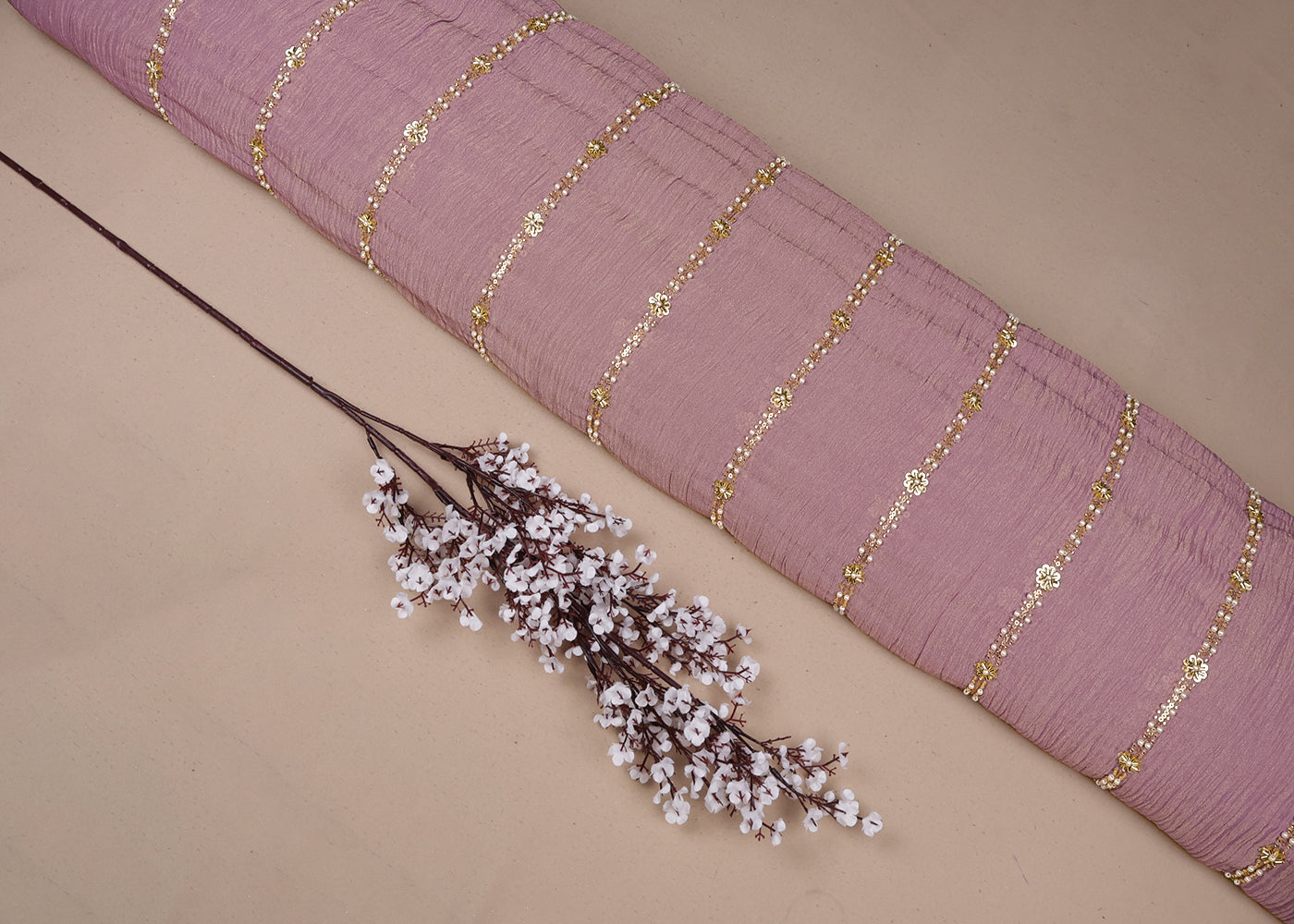 Light Blush Pink Crushed Tissue Fabric with All-Over Bead, Sequins & Katdana Work 15632