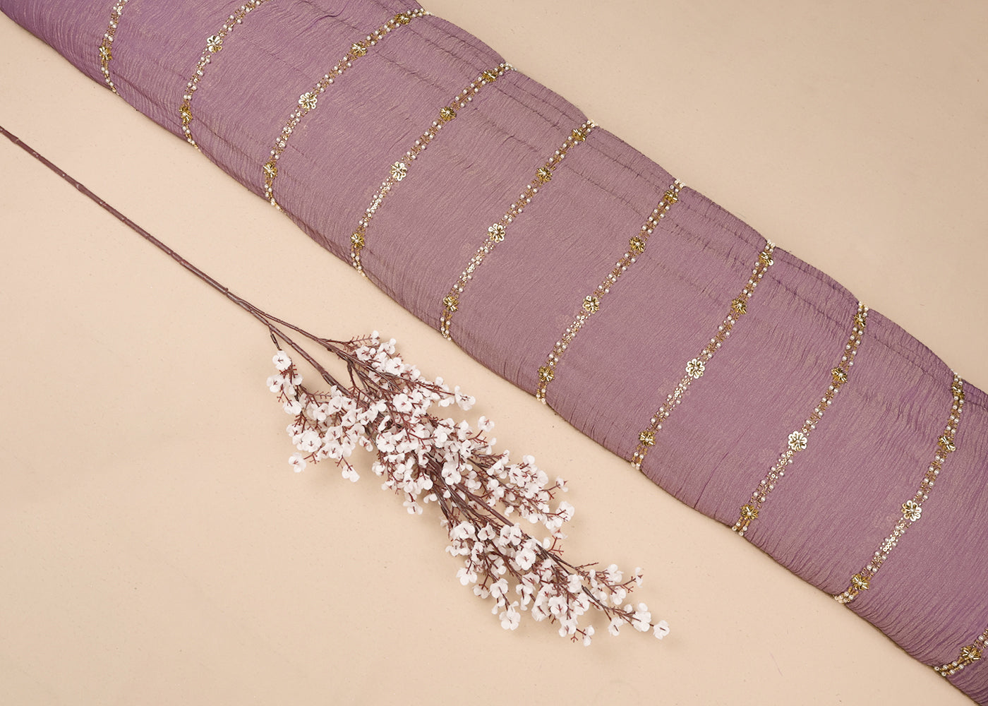 Light Blush Pink Crushed Tissue Fabric with All-Over Bead, Sequins & Katdana Work 15632