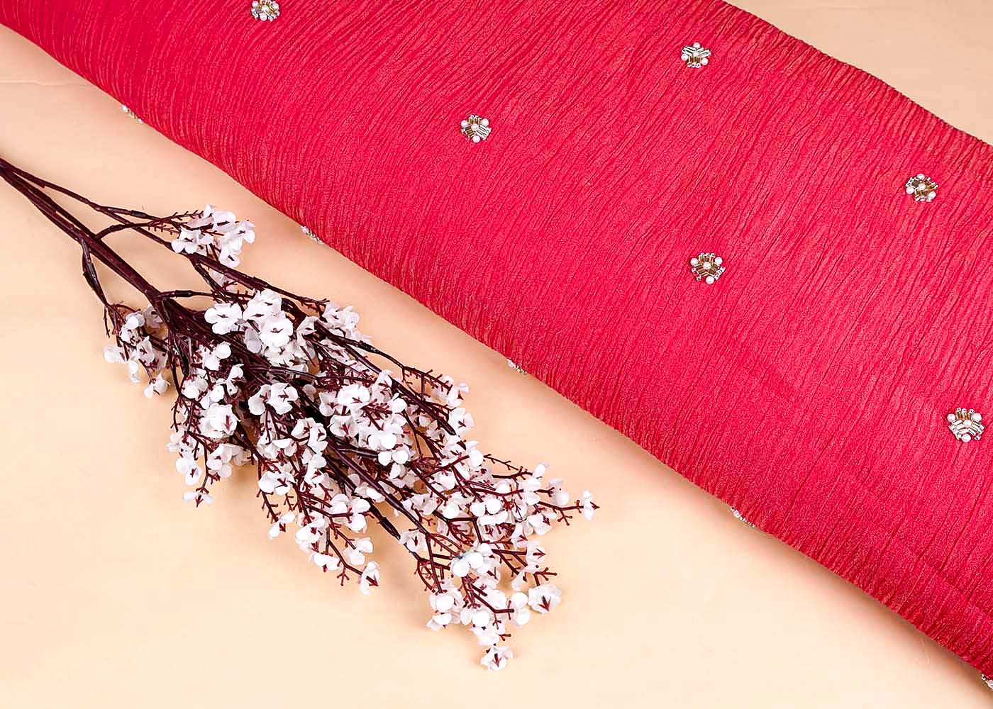 Bright Pink Crushed Tissue Fabric with All-Over Bead, Sequins & Katdana Buti Work 15635