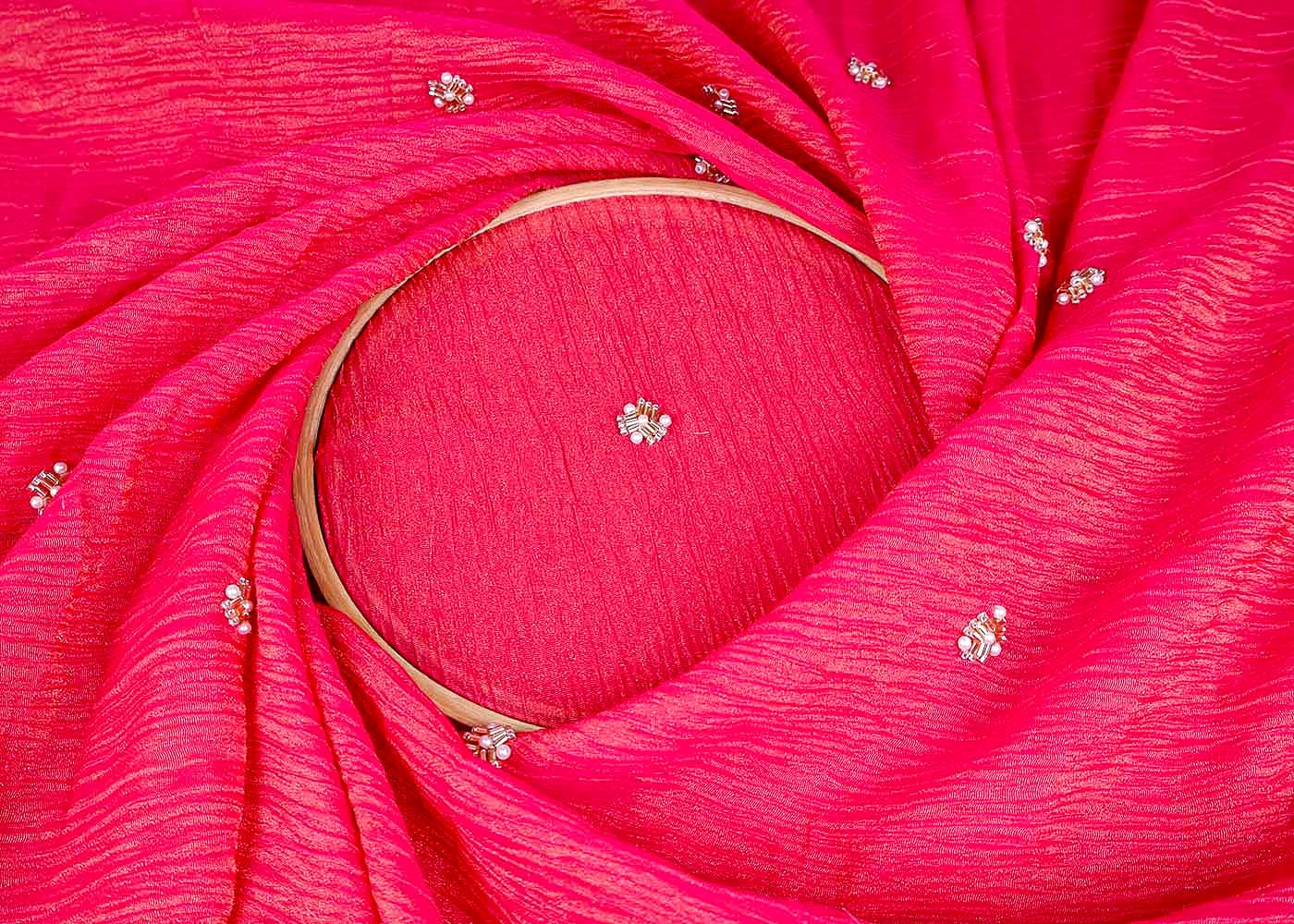 Bright Pink Crushed Tissue Fabric with All-Over Bead, Sequins & Katdana Buti Work 15635