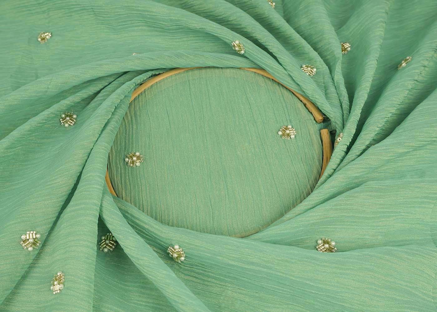 Aqua Green Crushed Tissue Fabric with All-Over Bead, Sequins & Katdana Buti Work 15636
