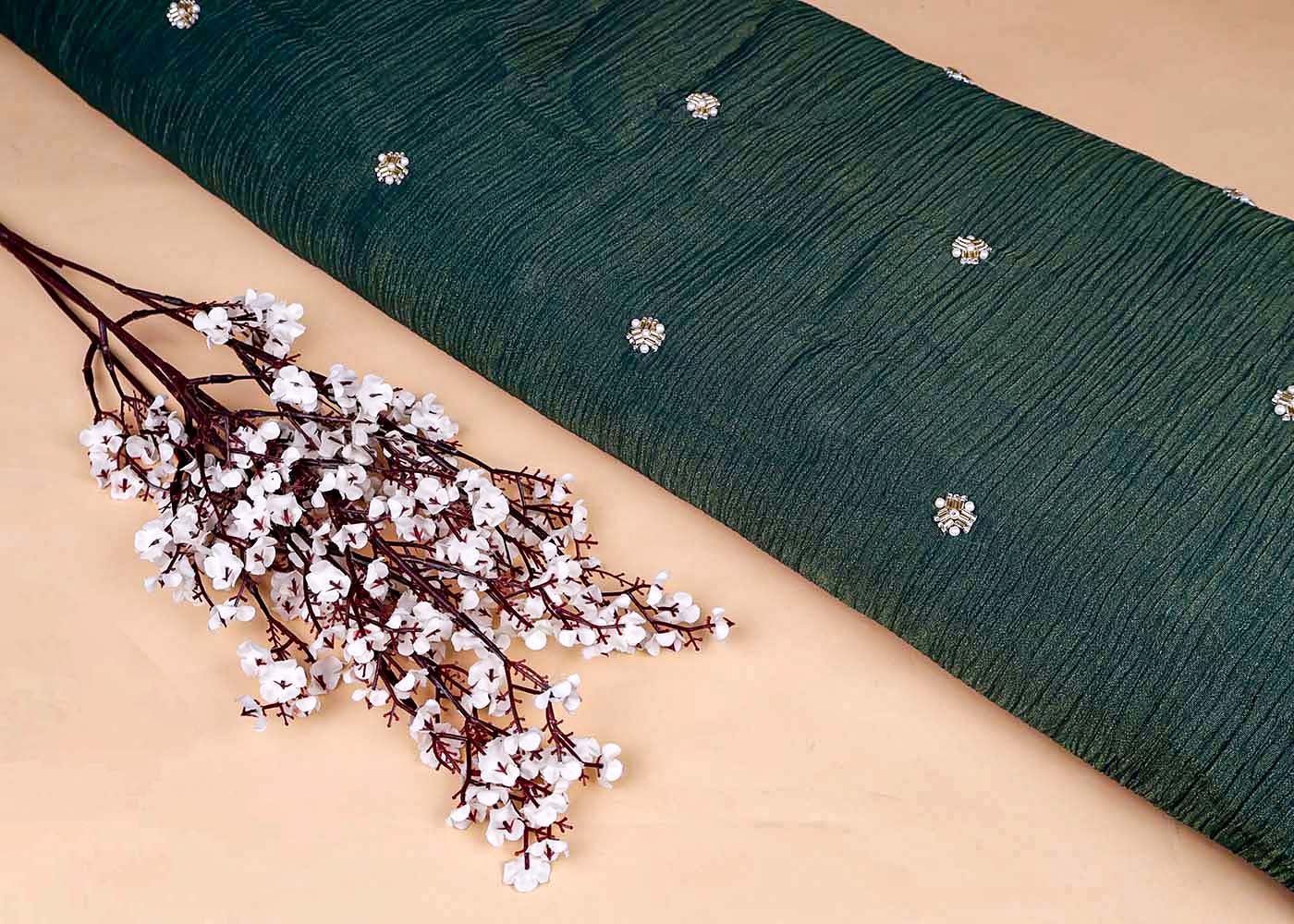 Bottle Green Crushed Tissue Fabric with All-Over Bead, Sequins & Katdana Buti Work 15637