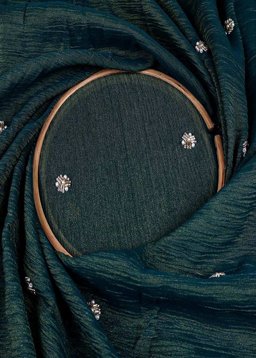 Bottle-Green-Crushed-Tissue-Fabric-with-All-Over-Bead,-Sequins-&-Katdana-Buti-Work-15637-close-view