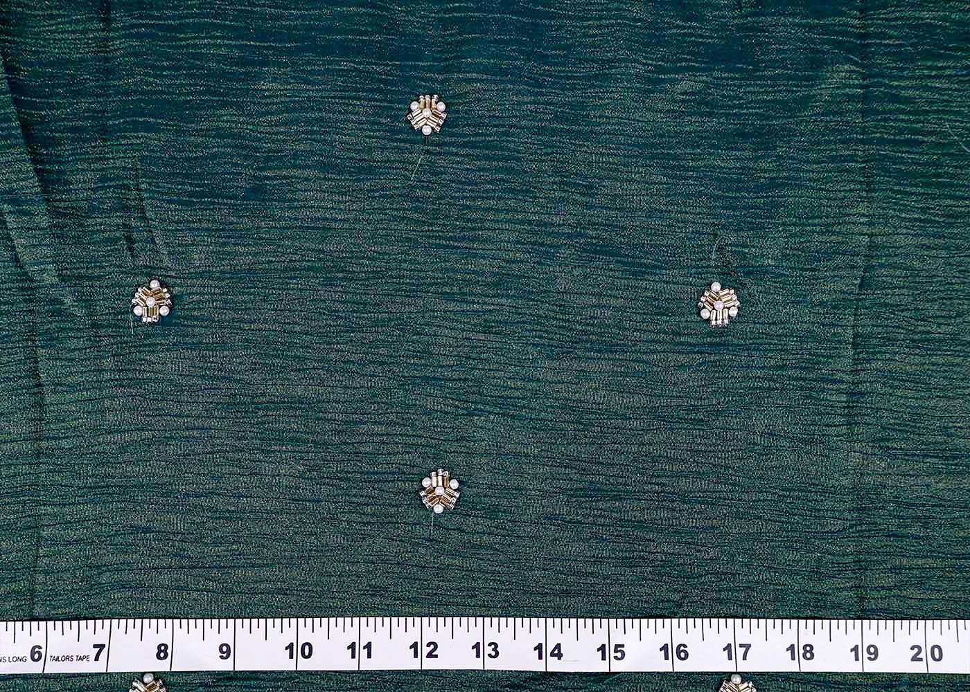 Bottle Green Crushed Tissue Fabric with All-Over Bead, Sequins & Katdana Buti Work 15637