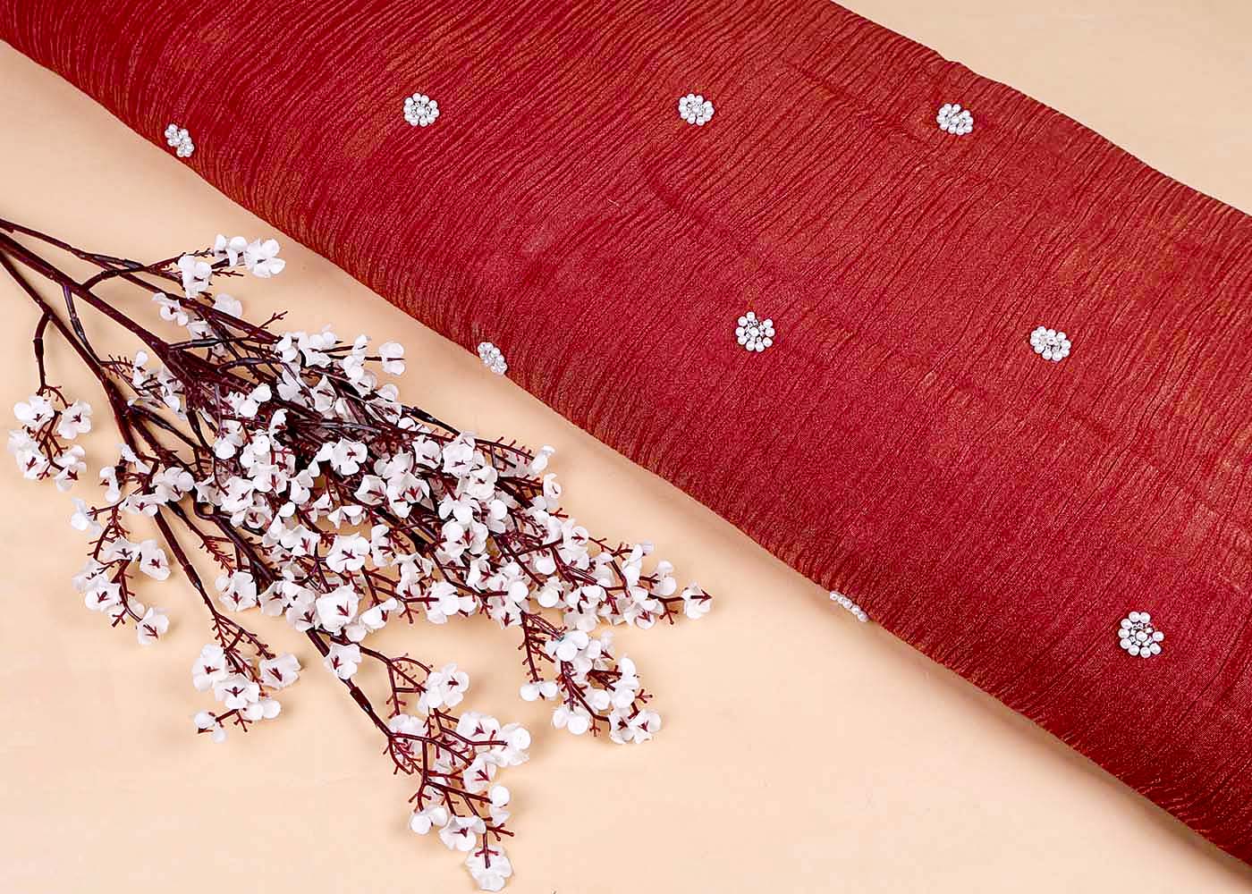 Maroon Crushed Tissue Fabric with All-Over Bead Buti Work 15638