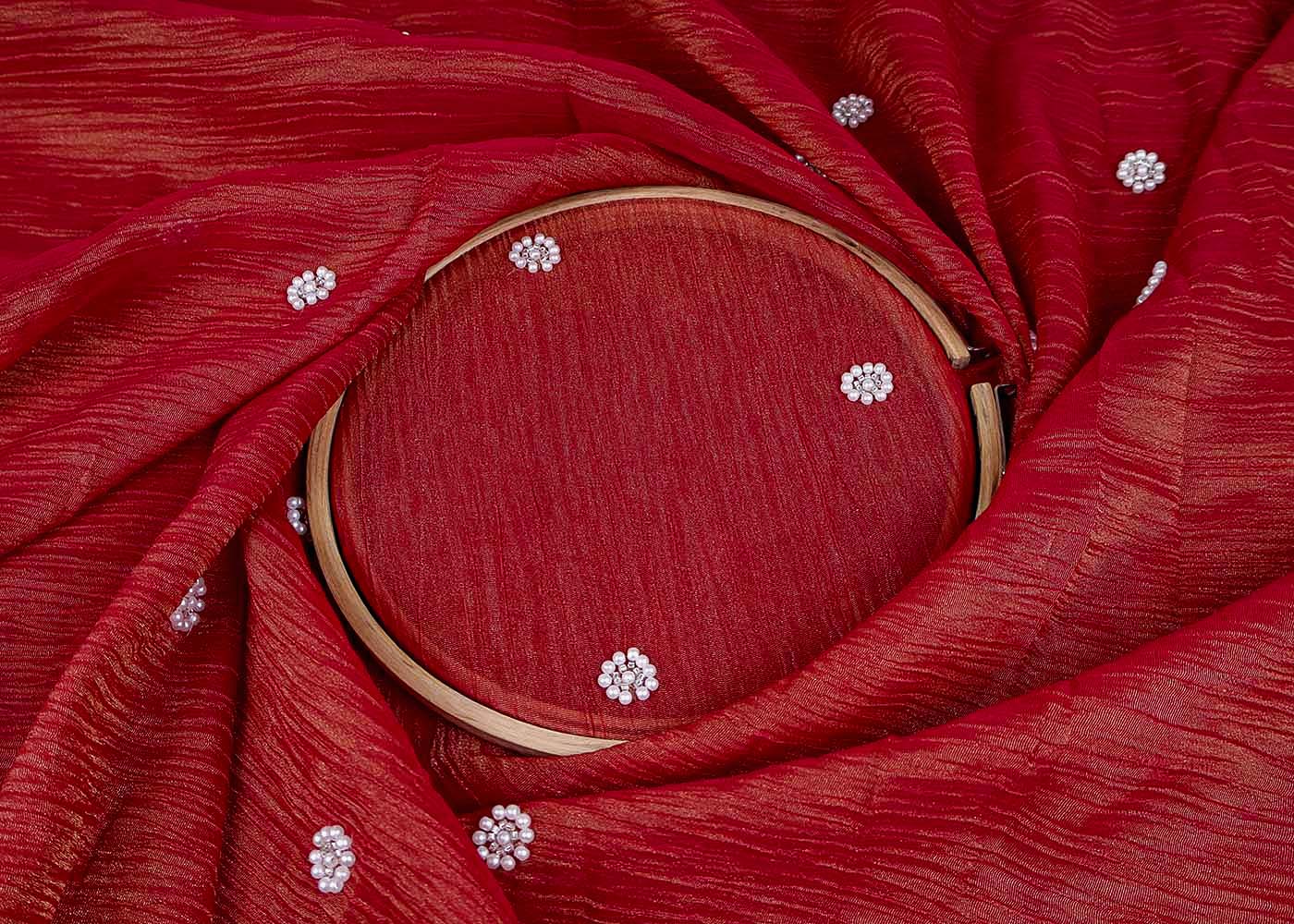 Maroon Crushed Tissue Fabric with All-Over Bead Buti Work 15638
