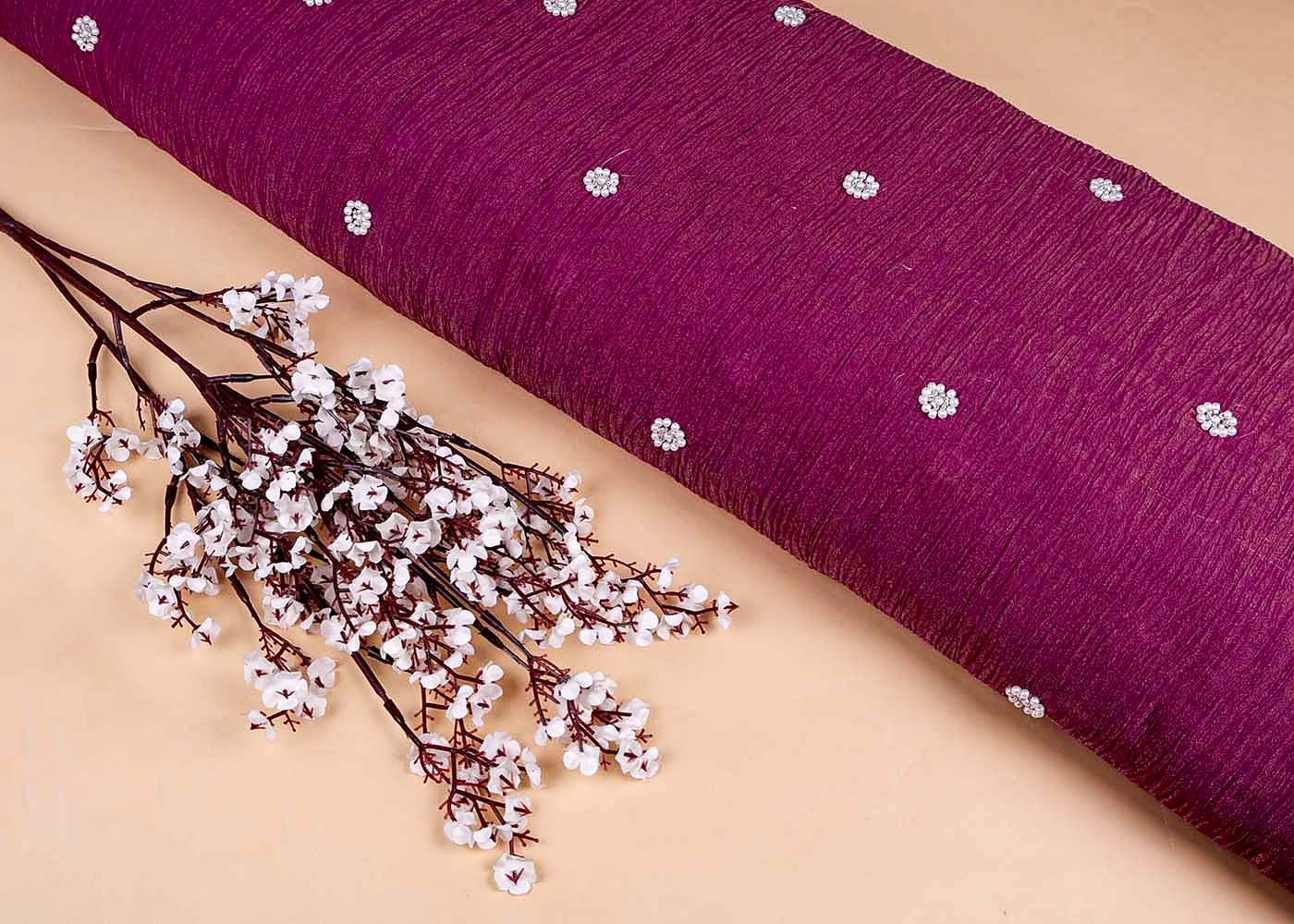 Wine Crushed Tissue Fabric with All-Over Bead Buti Work 15640