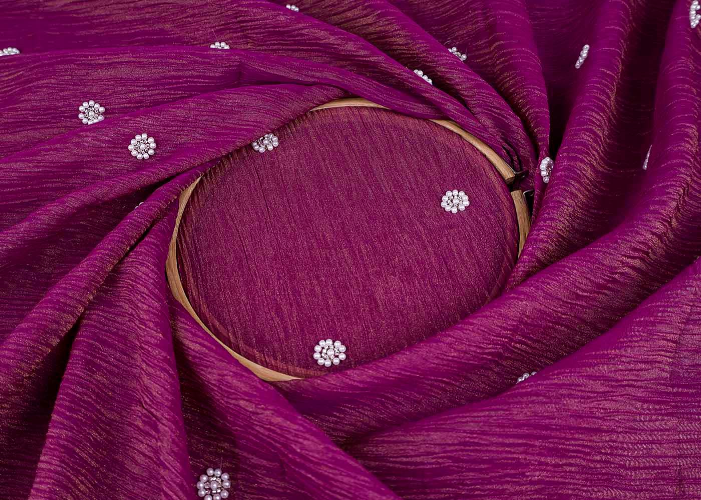 Wine Crushed Tissue Fabric with All-Over Bead Buti Work 15640