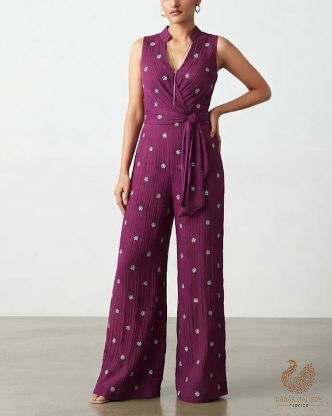 Wine Crushed Tissue Fabric with All-Over Bead Buti Work 15640