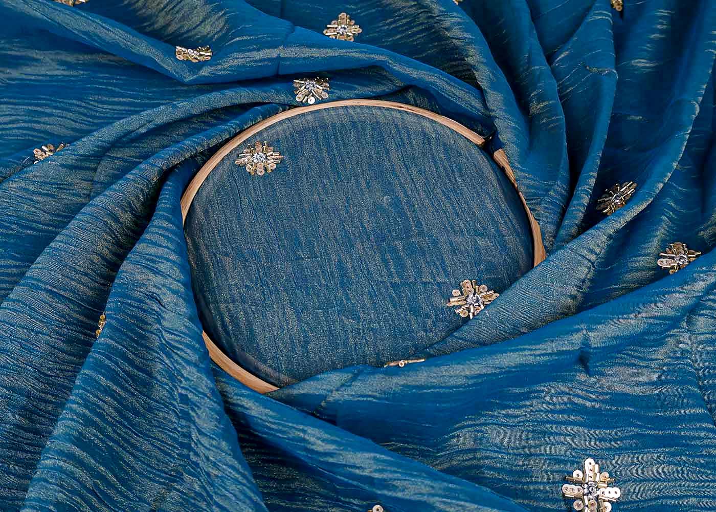 Teal Crushed Tissue Fabric with All-Over Bead, Sequins & Katdana Buti Work 15644