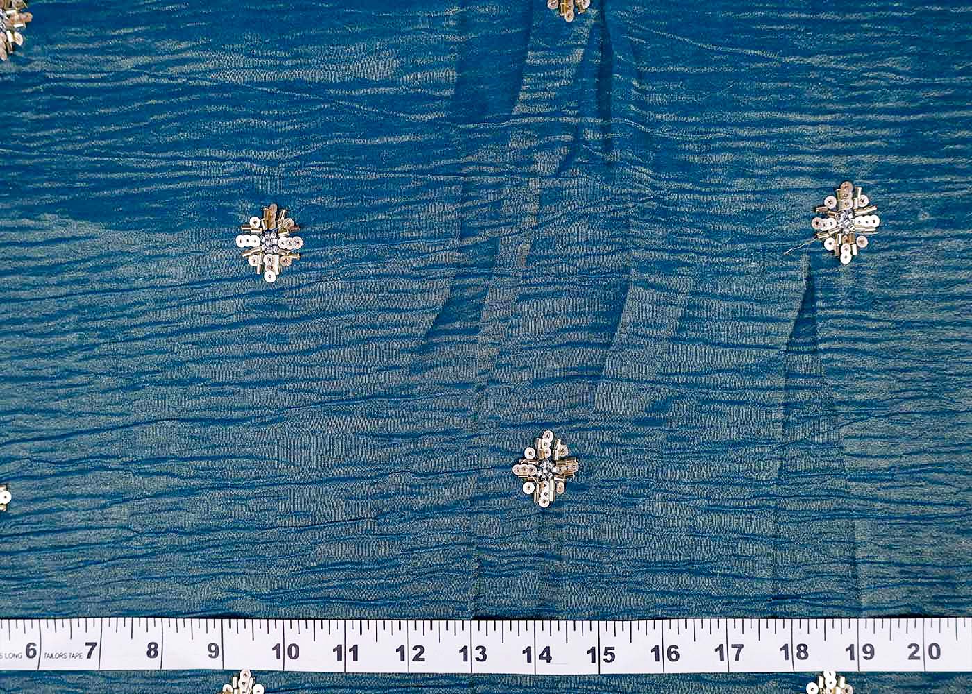 Teal Crushed Tissue Fabric with All-Over Bead, Sequins & Katdana Buti Work 15644