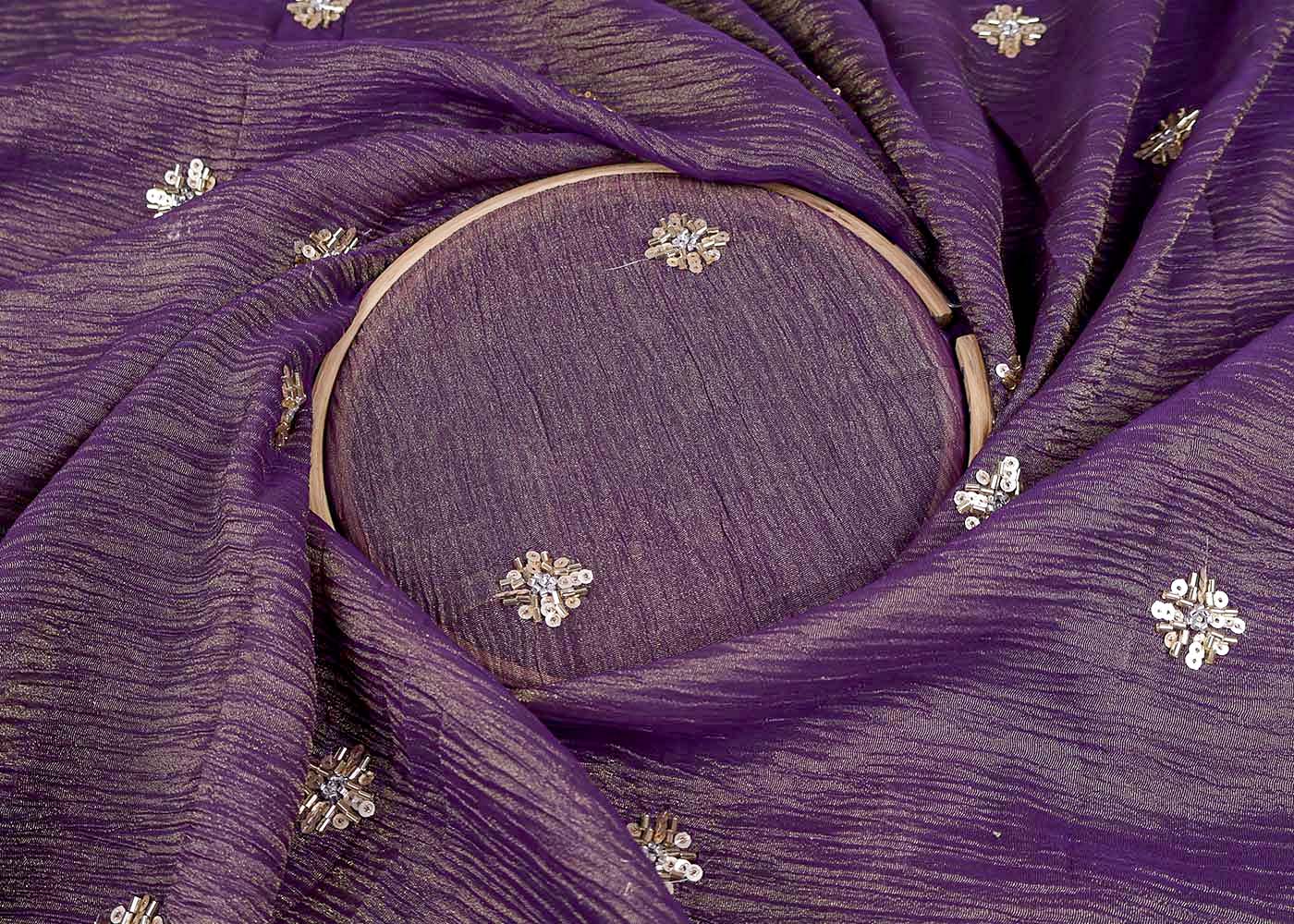 Purple Crushed Tissue Fabric with All-Over Bead, Sequins & Katdana Buti Work 15645