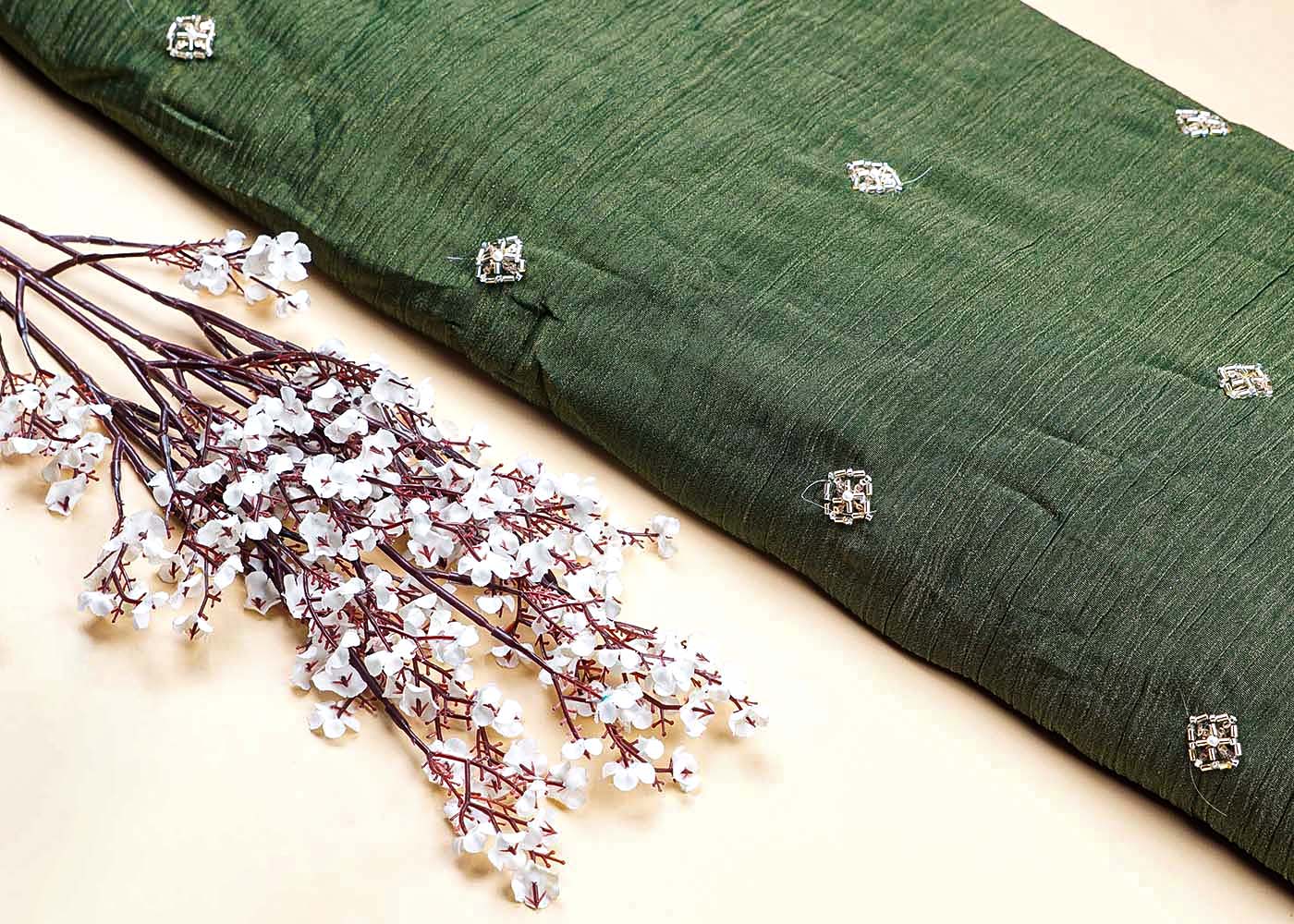 Bottle Green Crushed Tissue Fabric With All Over Katdana And Bead Work 15652