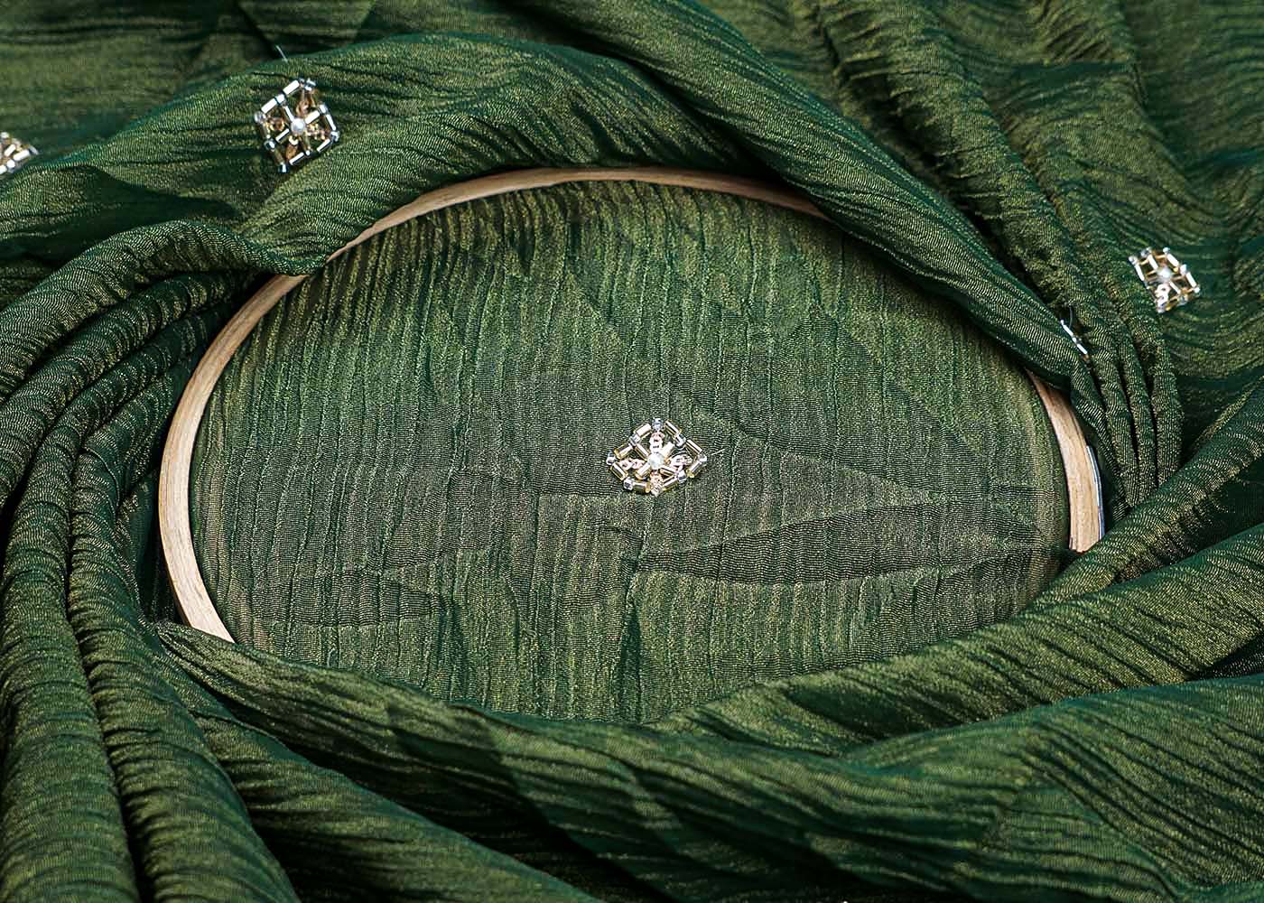 Bottle Green Crushed Tissue Fabric With All Over Katdana And Bead Work 15652