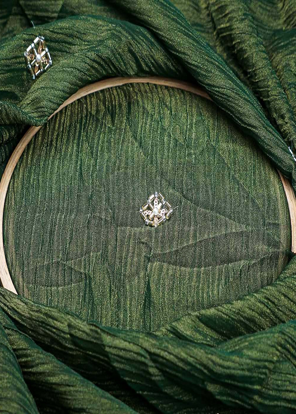 Bottle-Green-Crushed-Tissue-Fabric-With-All-Over-Katdana-And-Bead-Work-15652-close-view