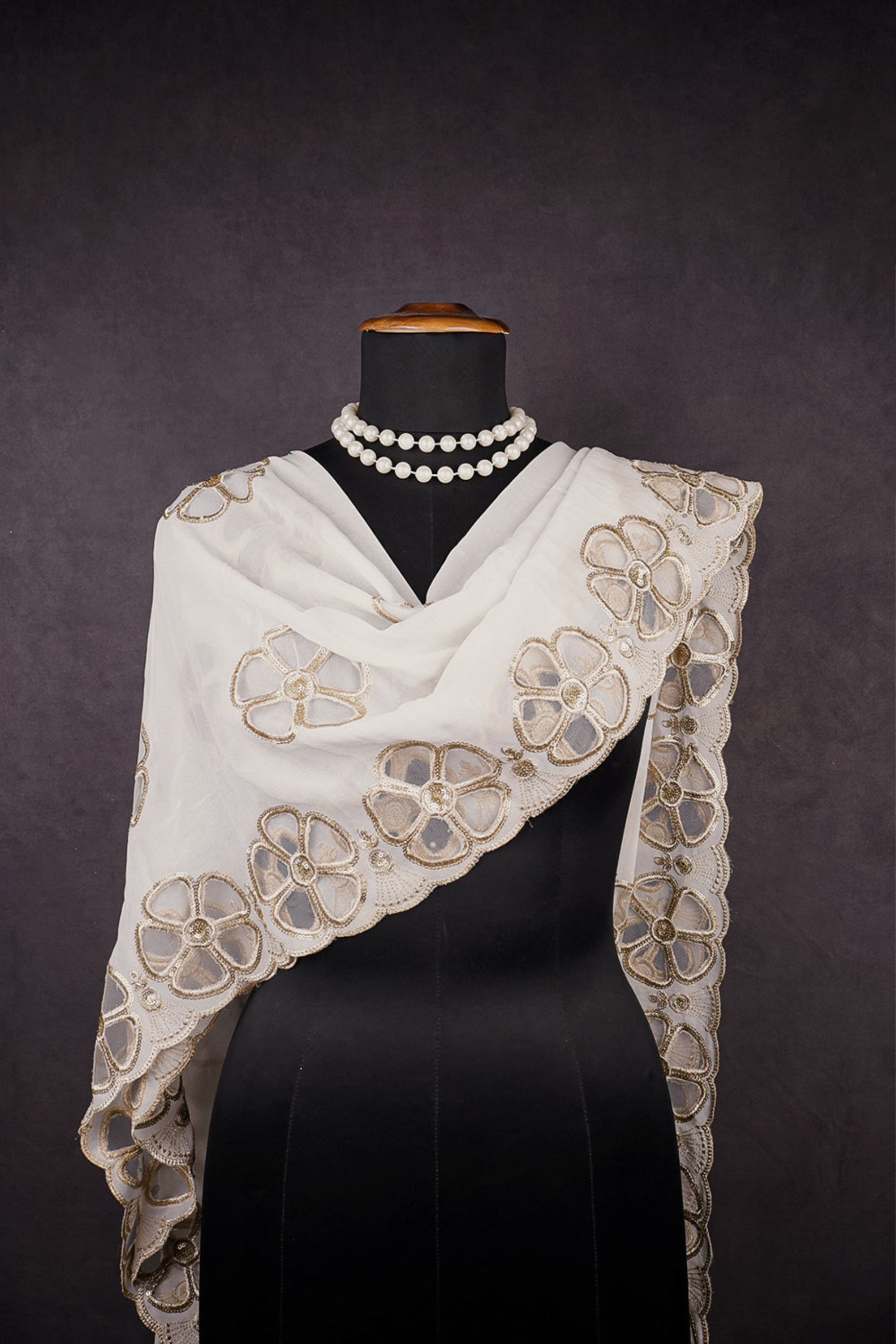 White Dyeable Georgette Dupatta With All Over Zari, Sequins Work And Net Cutwork 15661