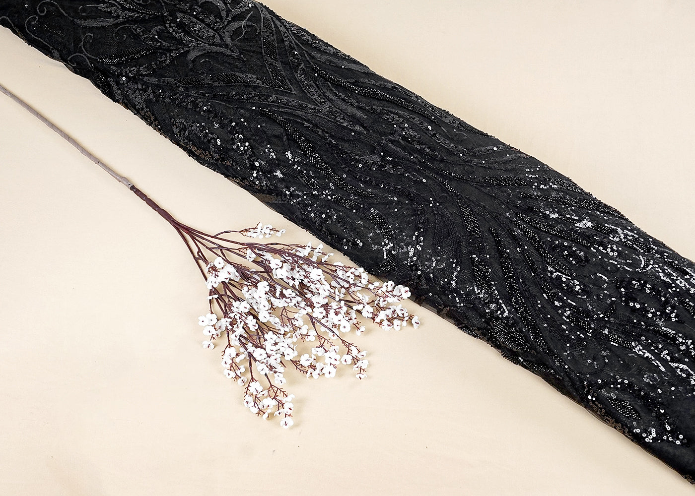 Black Imported Net Fabric with All-Over Sequins and Bead Work with One Side Heavy Border 15664