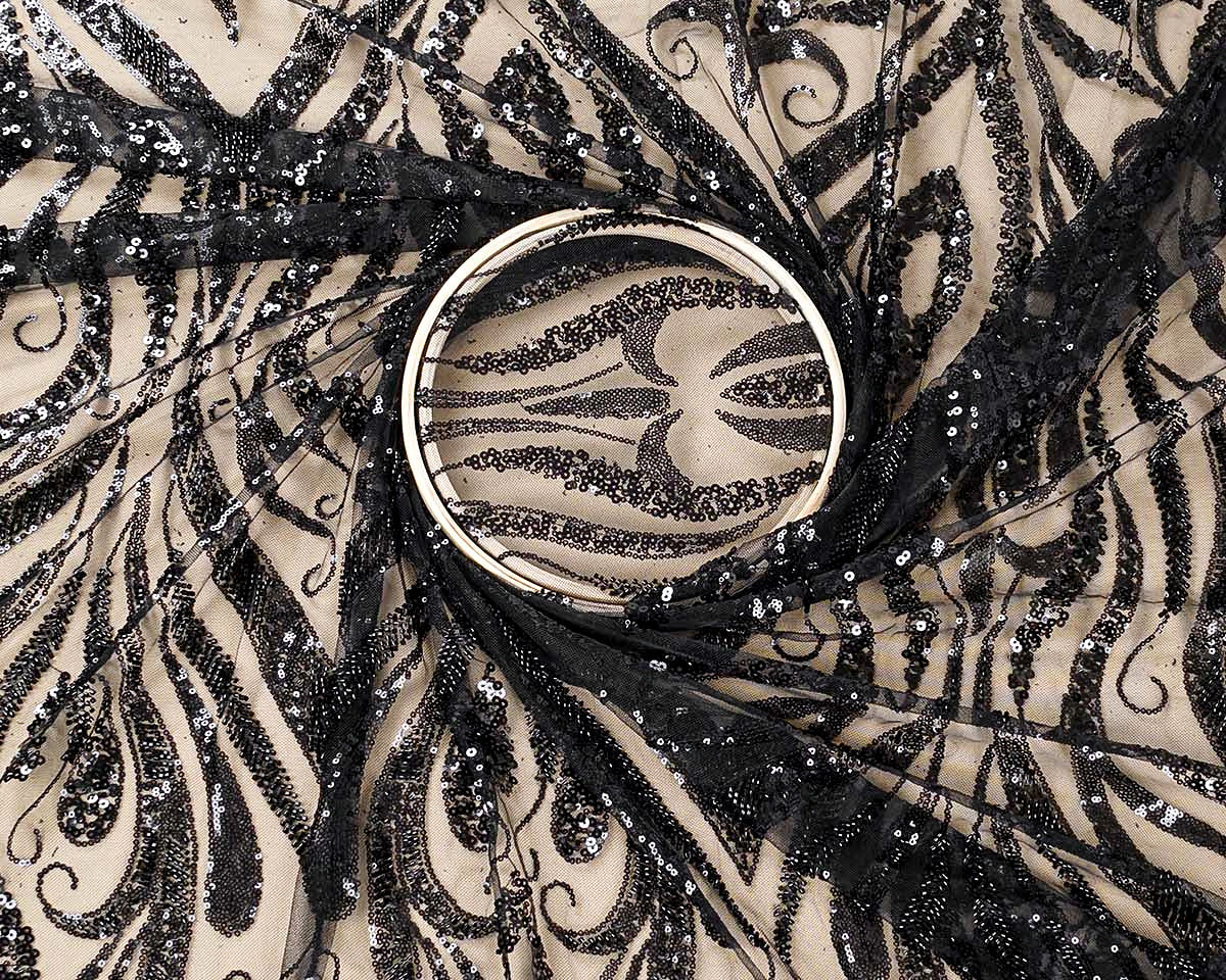 Black Imported Net Fabric with All-Over Sequins and Bead Work with One Side Heavy Border 15664