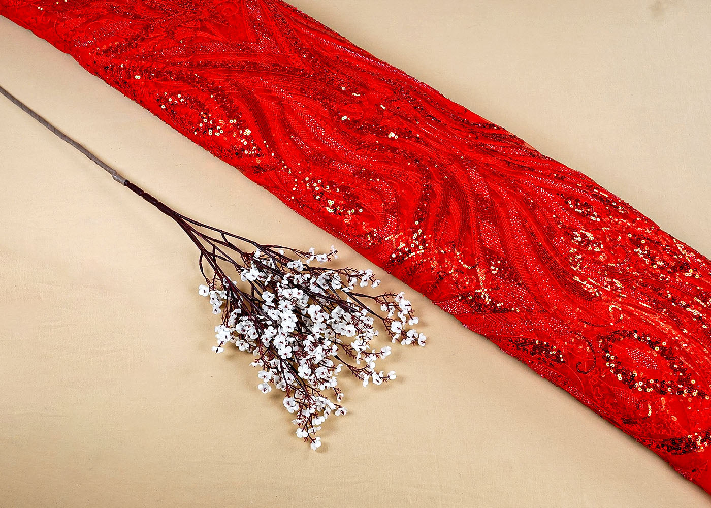 Red Imported Net Fabric with All-Over Sequins and Bead Work with One Side Heavy Border 15668