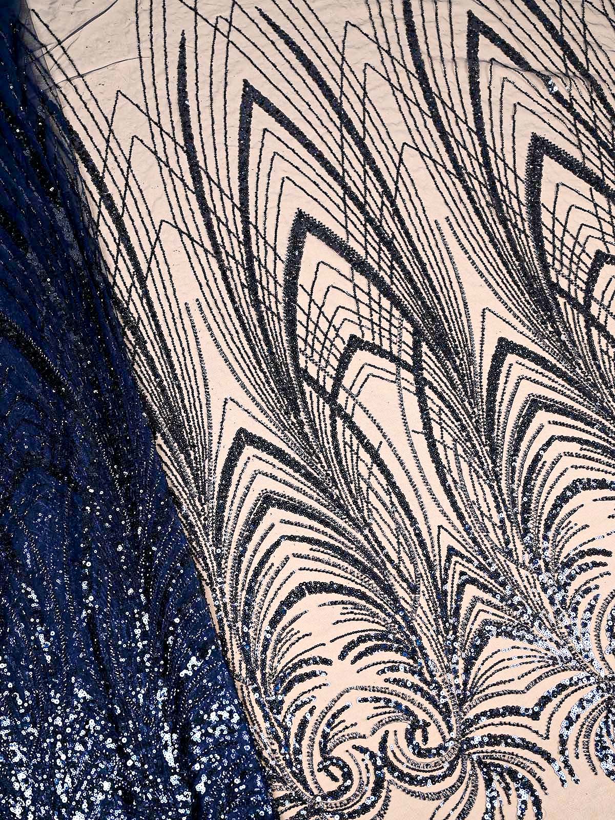 Navy Blue Imported Net with All-Over Bead and Sequins Work 15671