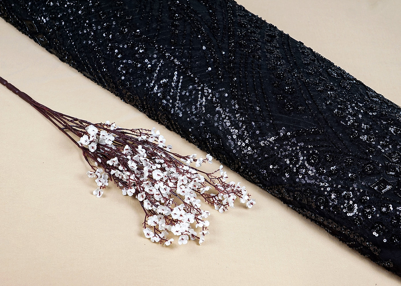 Black Net Fabric With All Over Katdana And Sequins Work 15677