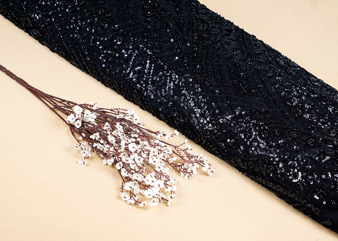 Black Net Fabric With All Over Katdana And Sequins Work 15677