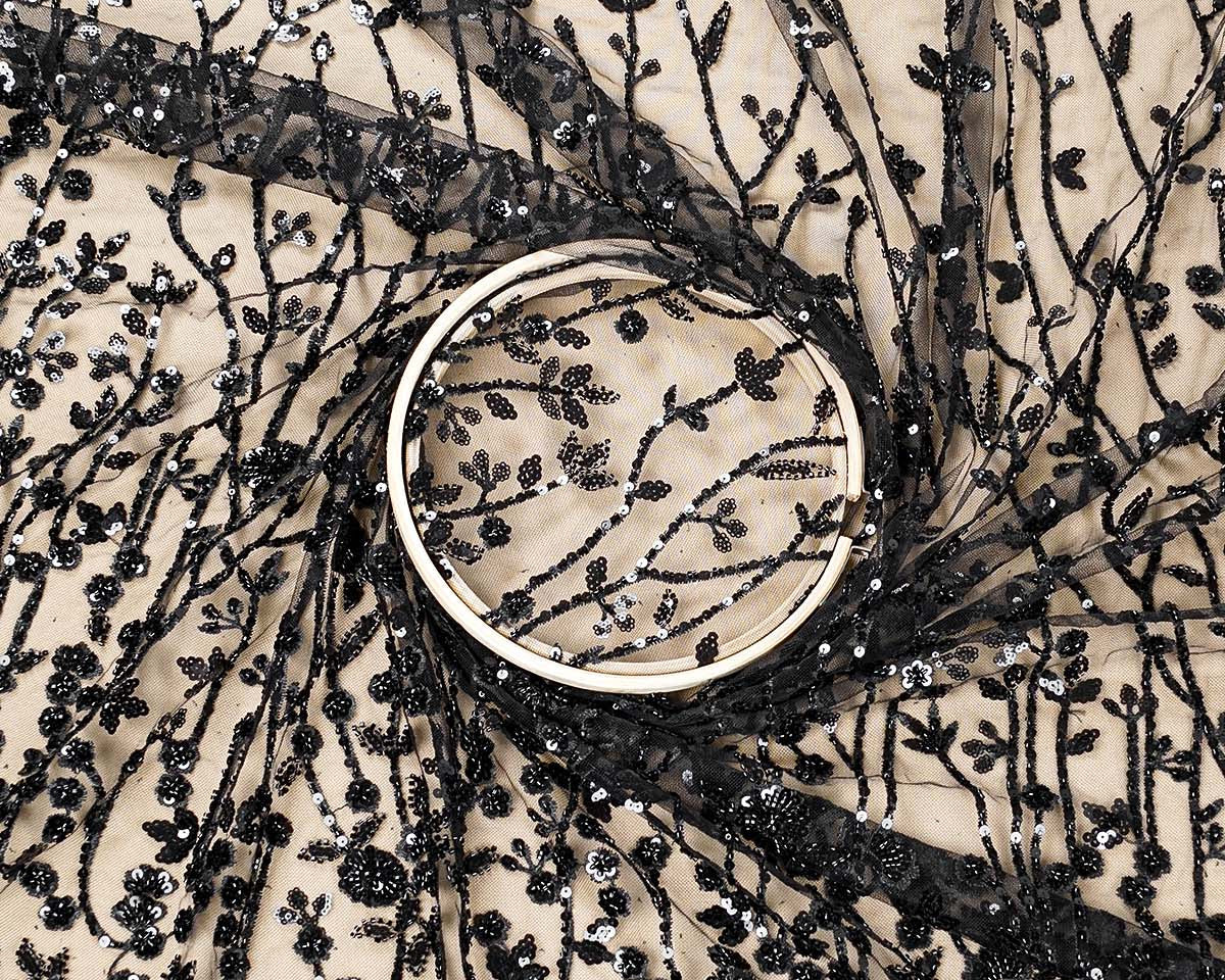 Black Imported Net Fabric with All-Over Thread and Sequins Work with One Side Heavy Border 15682
