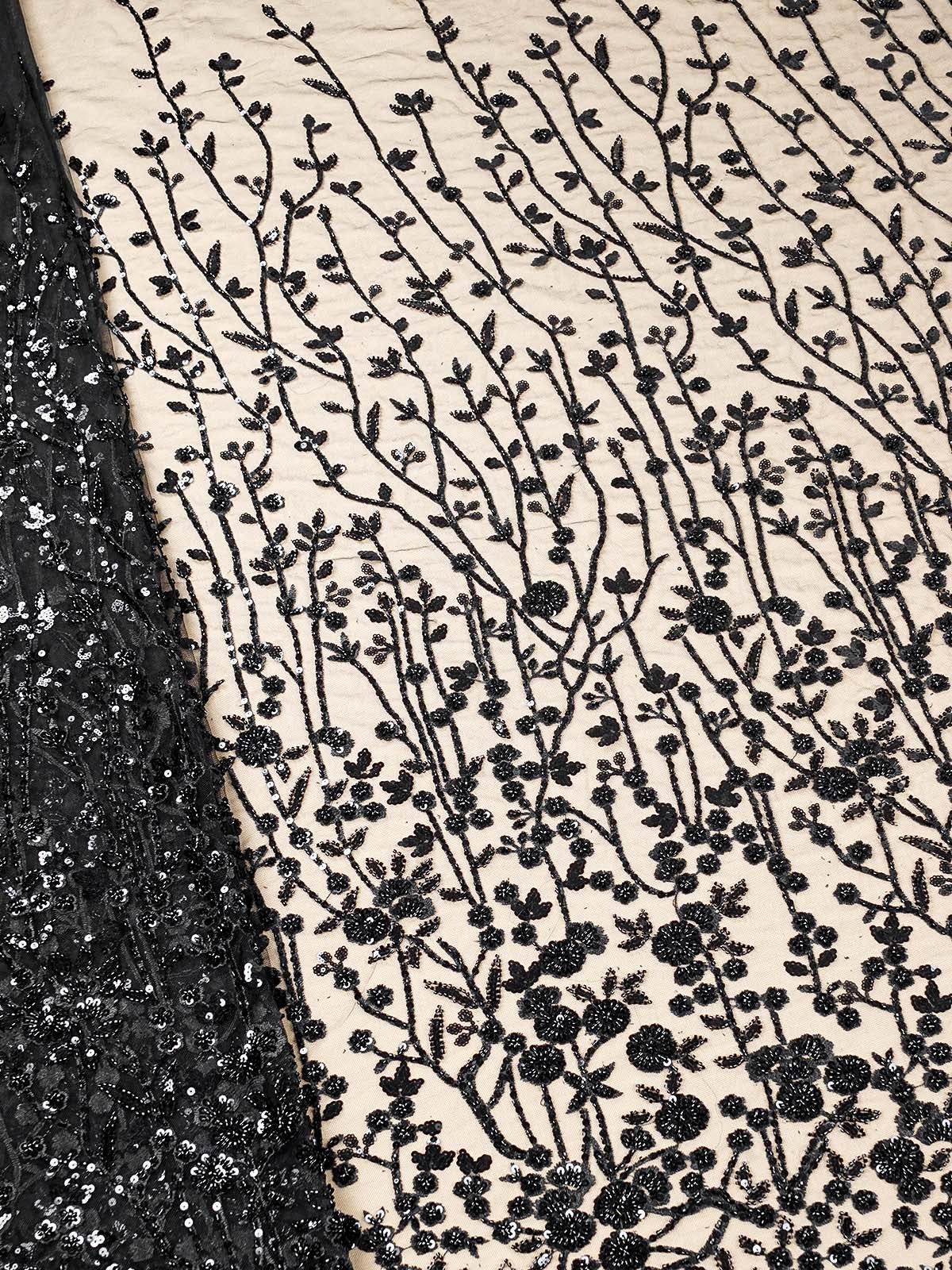 Black Imported Net Fabric with All-Over Thread and Sequins Work with One Side Heavy Border 15682
