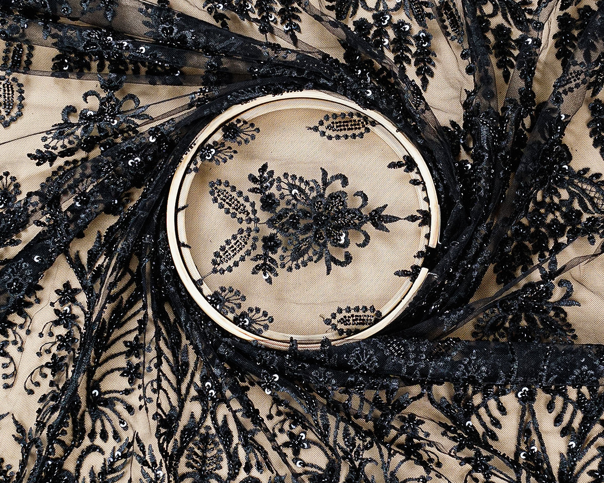 Black Imported Net Fabric with All-Over Thread, Bead, and Sequins Work with One Side Heavy Border 15683