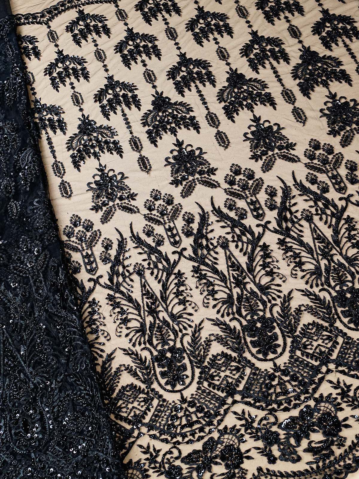Black Imported Net Fabric with All-Over Thread, Bead, and Sequins Work with One Side Heavy Border 15683